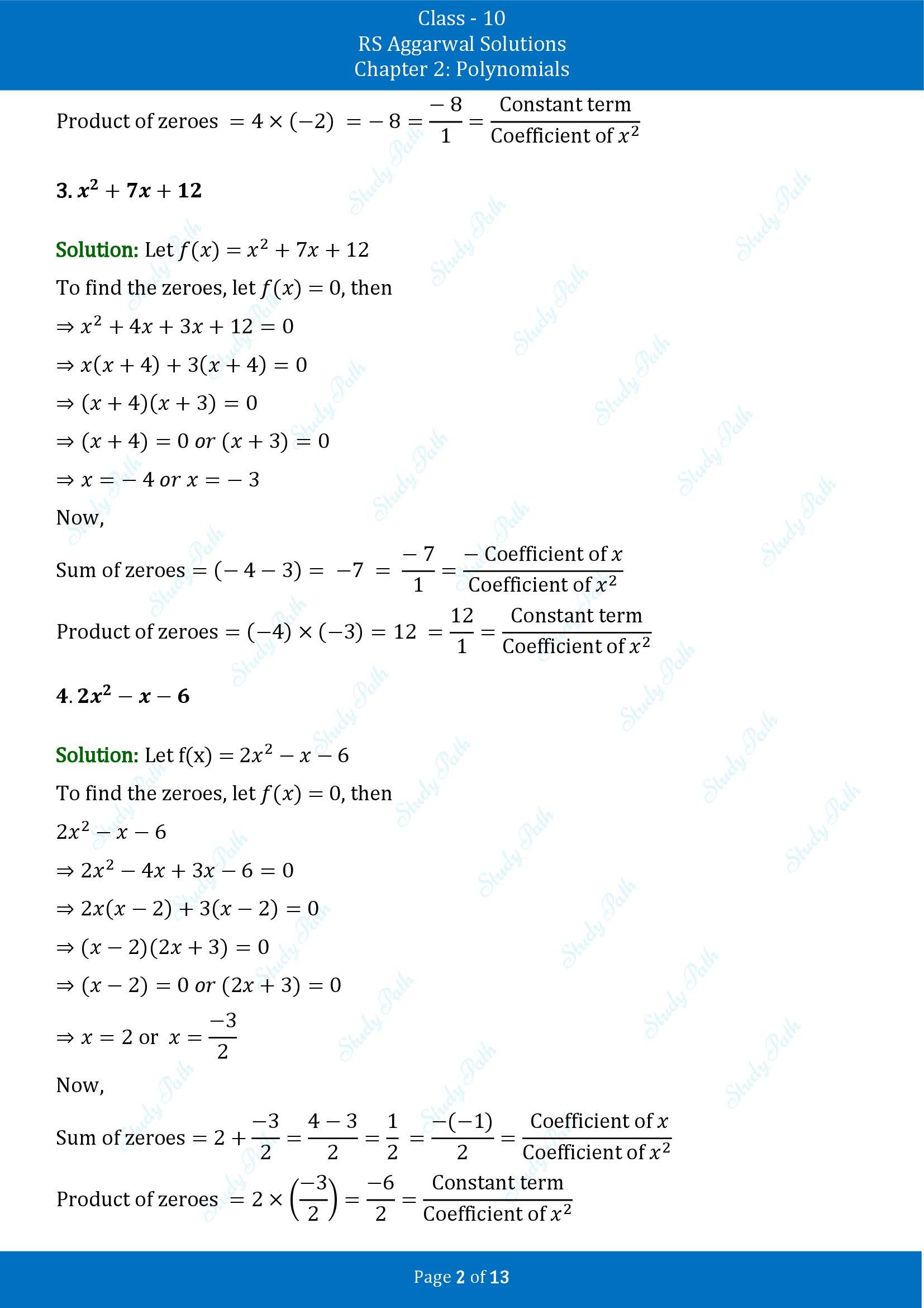 RS Aggarwal Solutions for Class 10 Chapter 2 Polynomials Exercise 2A 00002