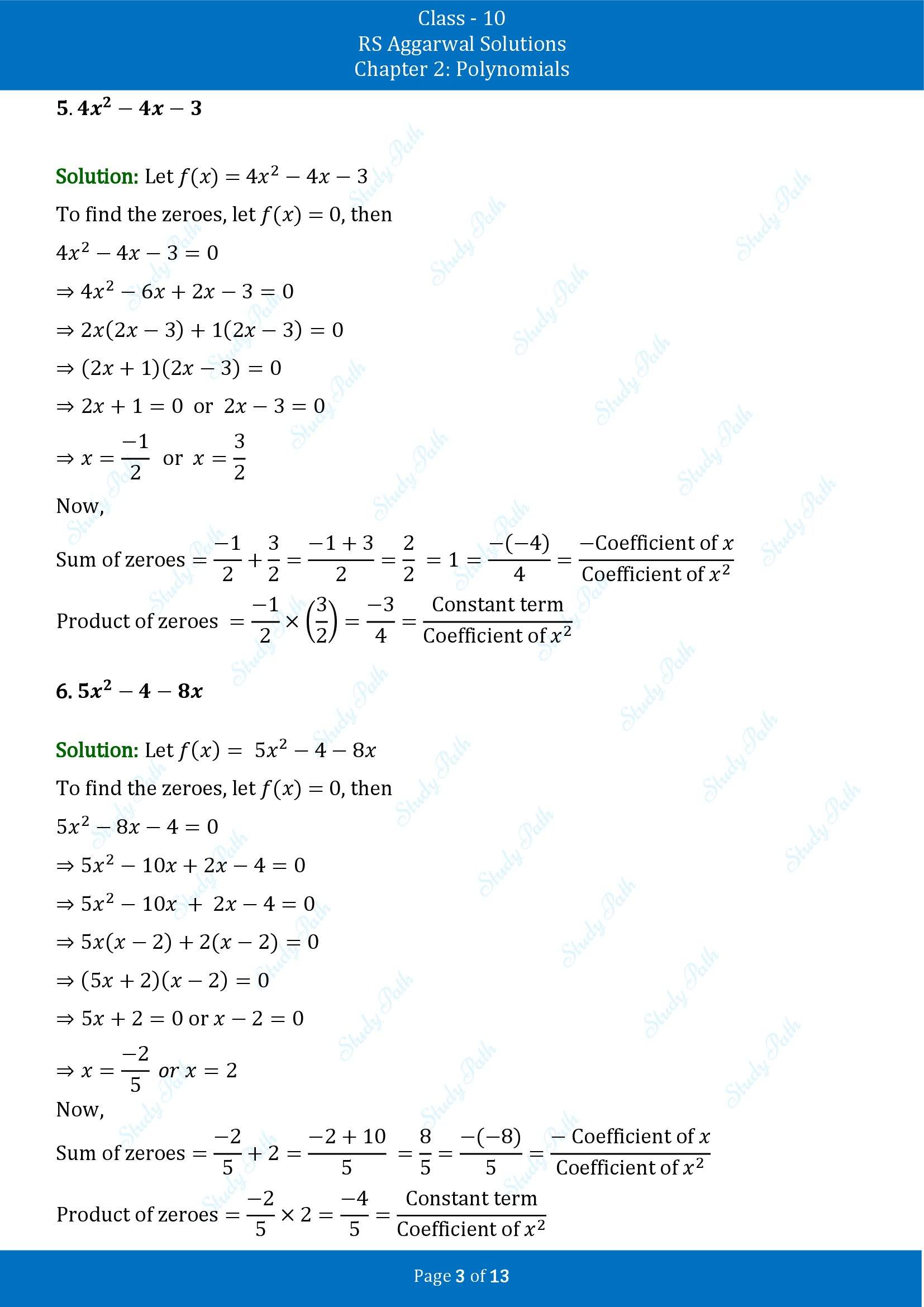RS Aggarwal Solutions for Class 10 Chapter 2 Polynomials Exercise 2A 00003