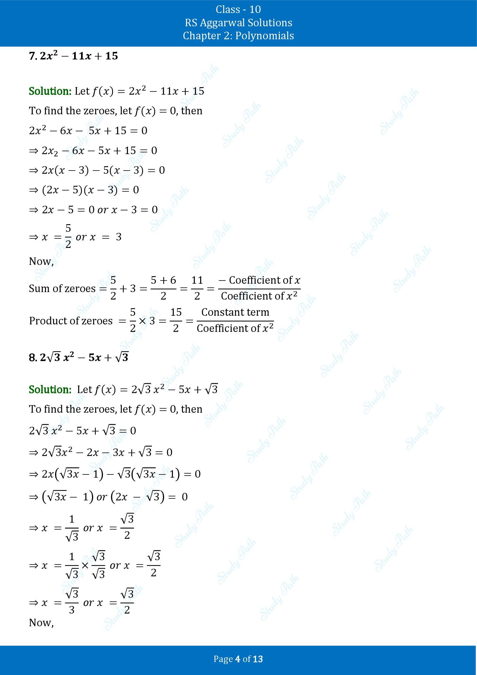 RS Aggarwal Solutions for Class 10 Chapter 2 Polynomials Exercise 2A 00004