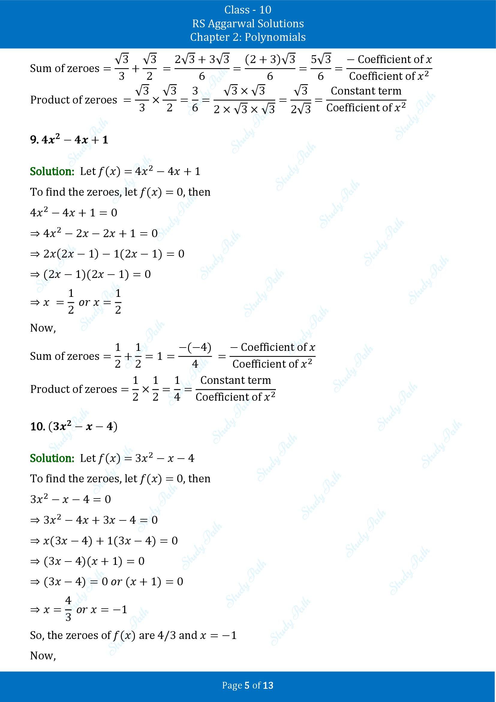 RS Aggarwal Solutions for Class 10 Chapter 2 Polynomials Exercise 2A 00005