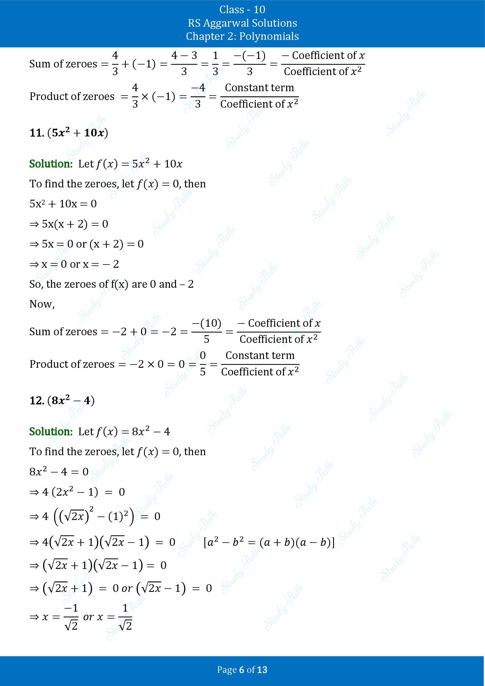 RS Aggarwal Solutions for Class 10 Chapter 2 Polynomials Exercise 2A 00006
