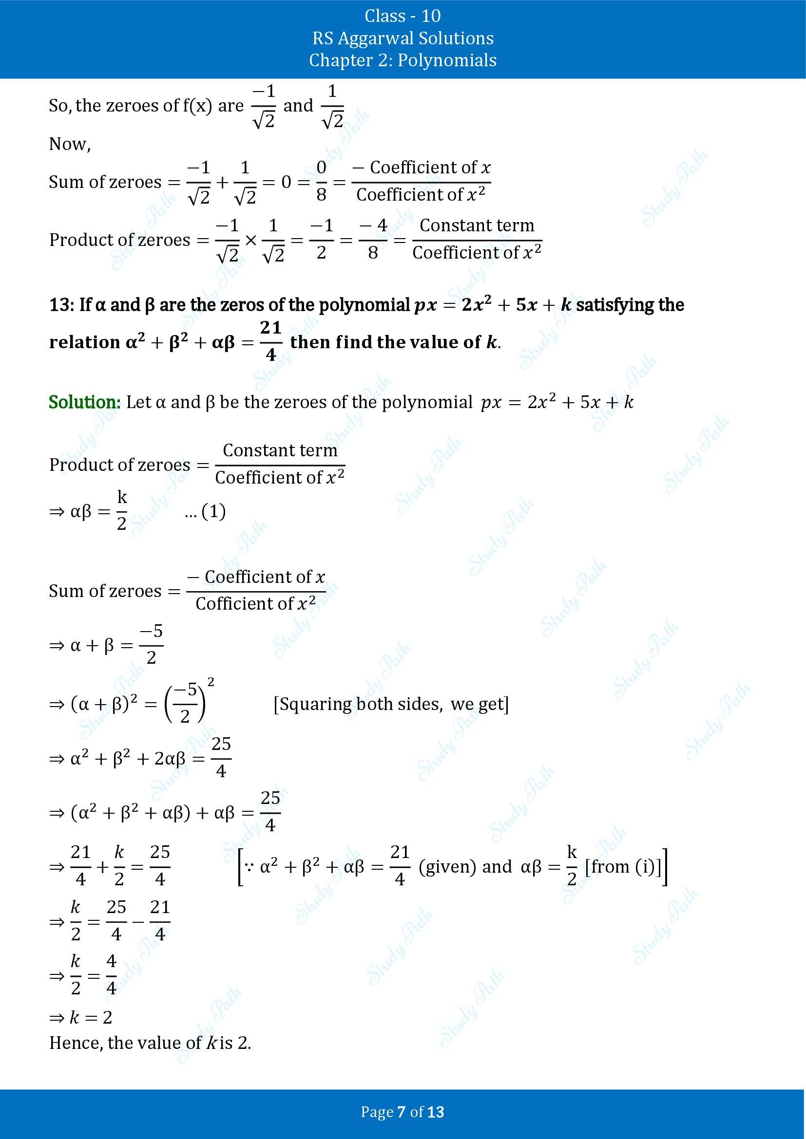 RS Aggarwal Solutions for Class 10 Chapter 2 Polynomials Exercise 2A 00007