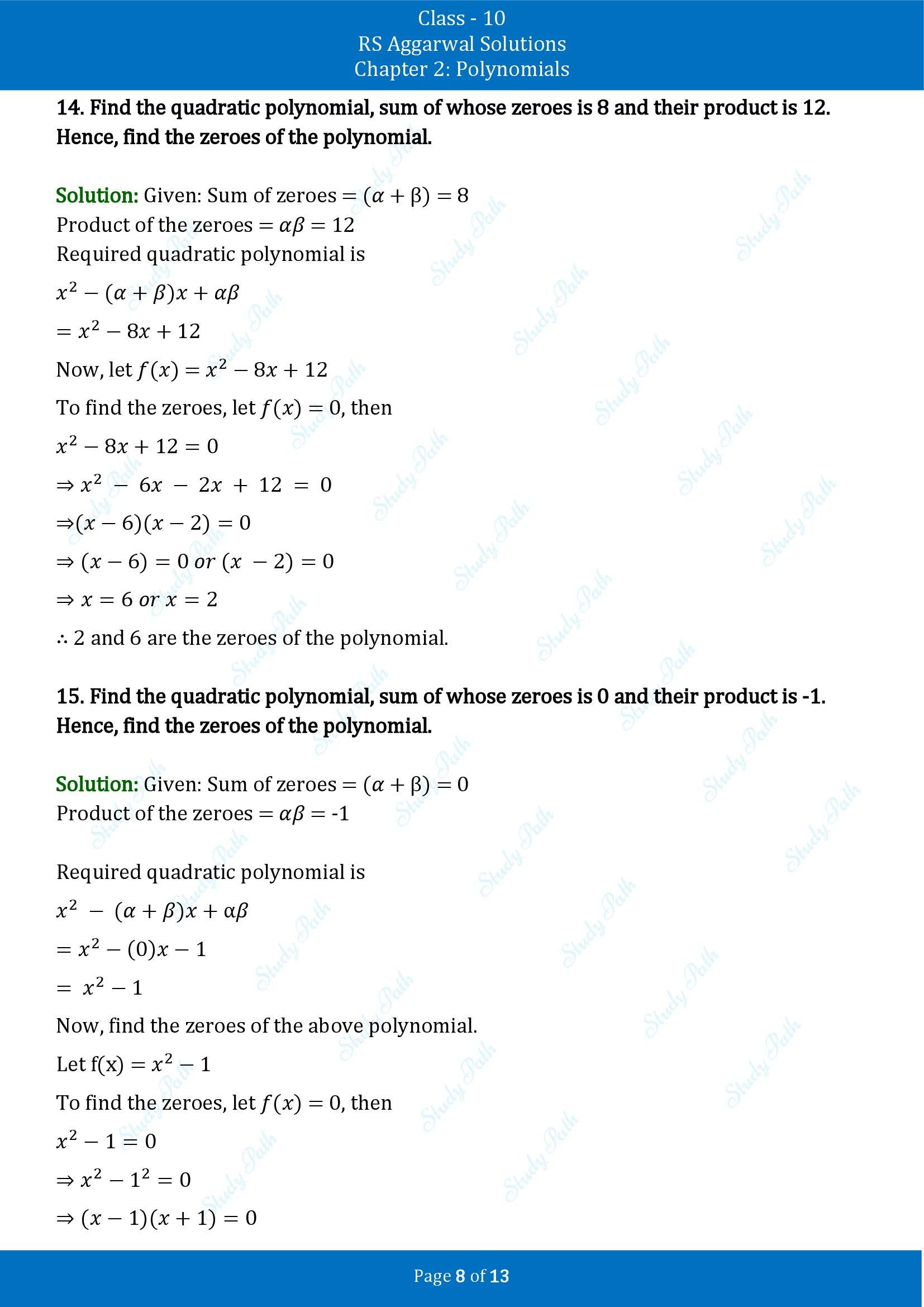 RS Aggarwal Solutions for Class 10 Chapter 2 Polynomials Exercise 2A 00008