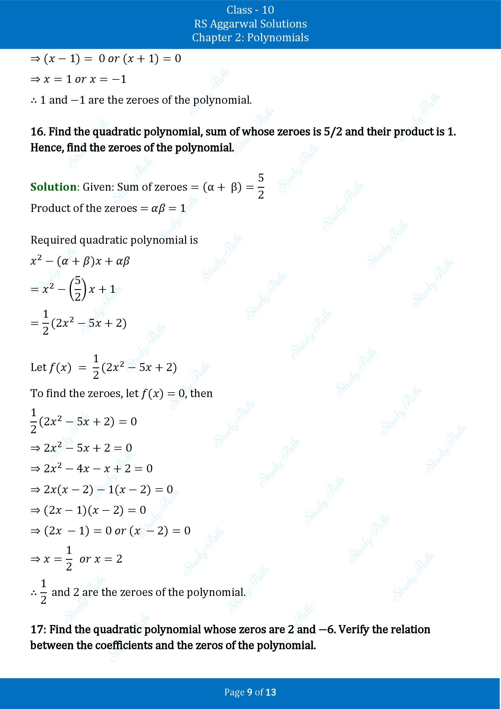 RS Aggarwal Solutions for Class 10 Chapter 2 Polynomials Exercise 2A 00009