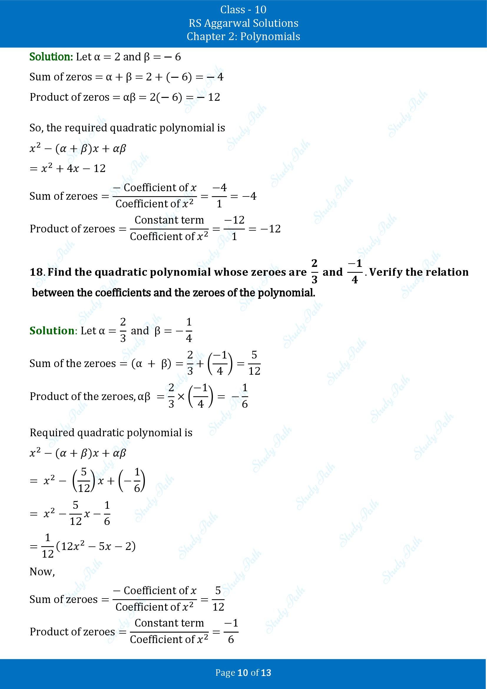 RS Aggarwal Solutions for Class 10 Chapter 2 Polynomials Exercise 2A 00010