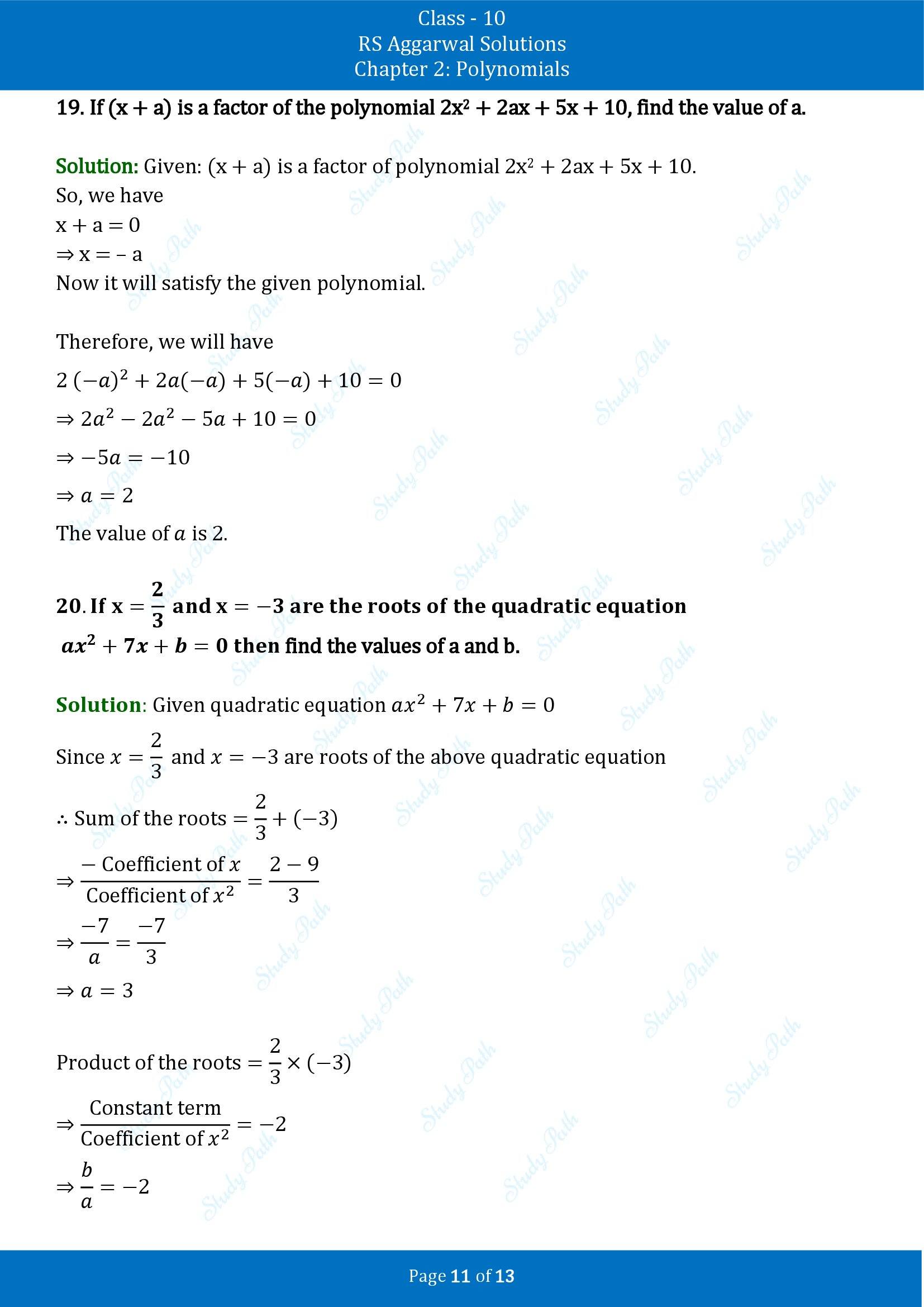 RS Aggarwal Solutions for Class 10 Chapter 2 Polynomials Exercise 2A 00011