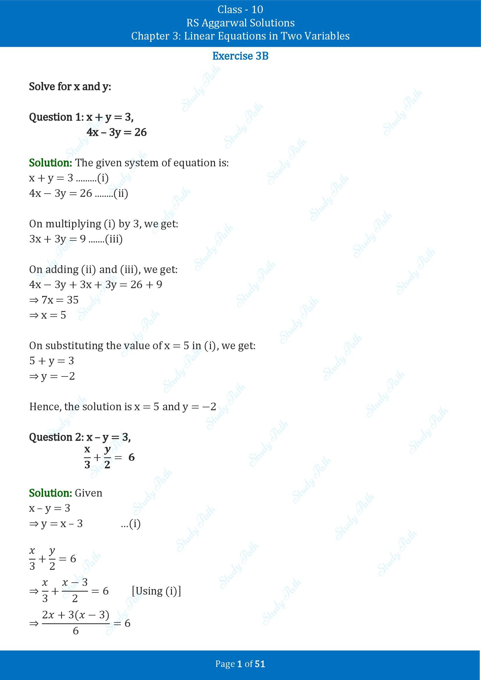 RS Aggarwal Solutions for Class 10 Chapter 3 Linear Equations in Two Variables Exercise 3B 00001