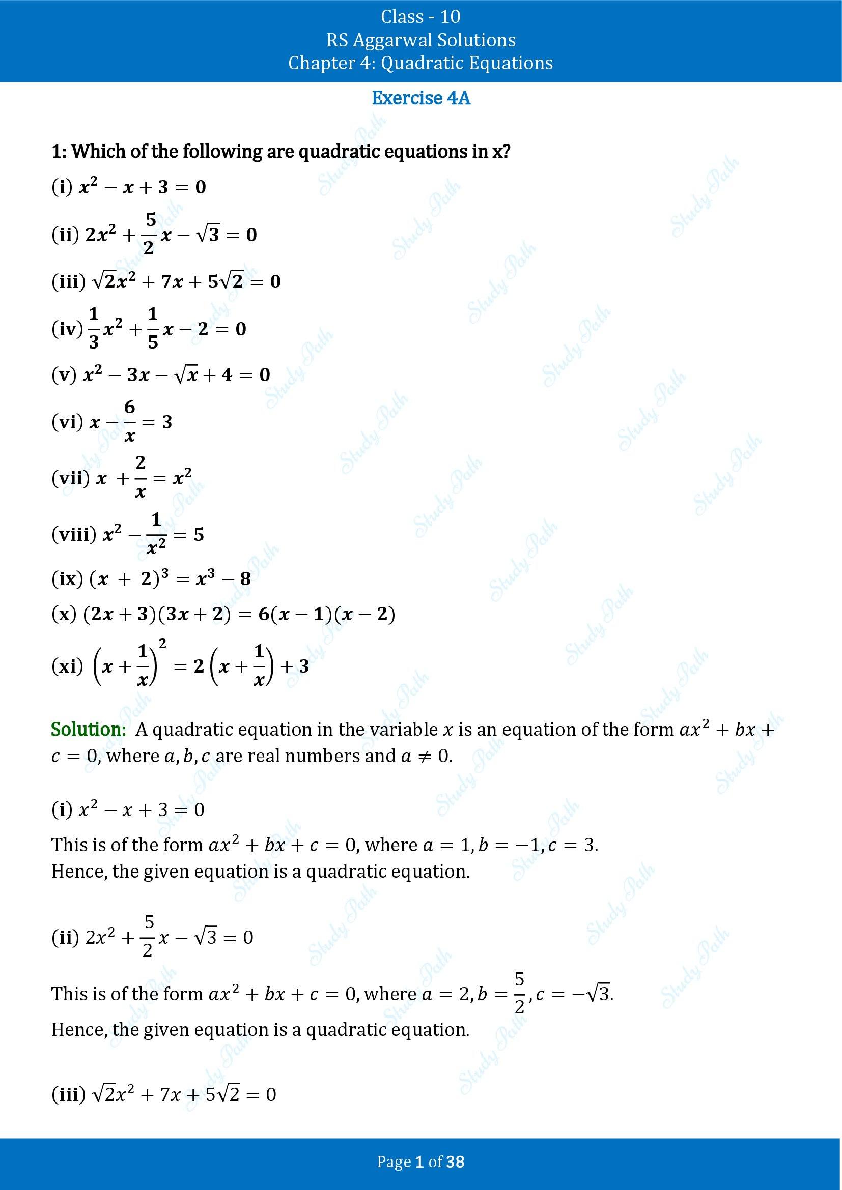 RS Aggarwal Solutions for Class 10 Chapter 4 Quadratic Equations Exercise 4A 00001