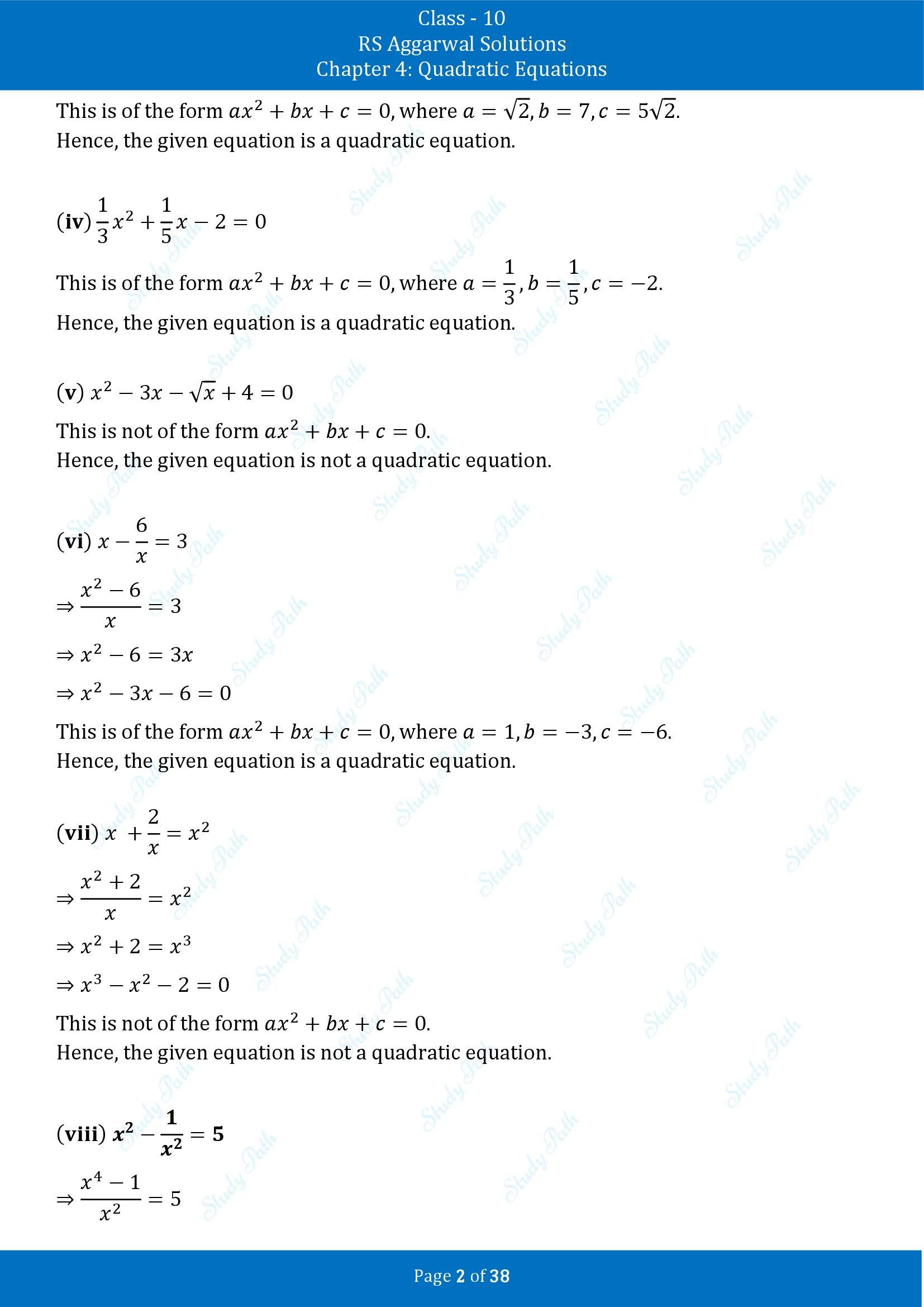 RS Aggarwal Solutions for Class 10 Chapter 4 Quadratic Equations Exercise 4A 00002