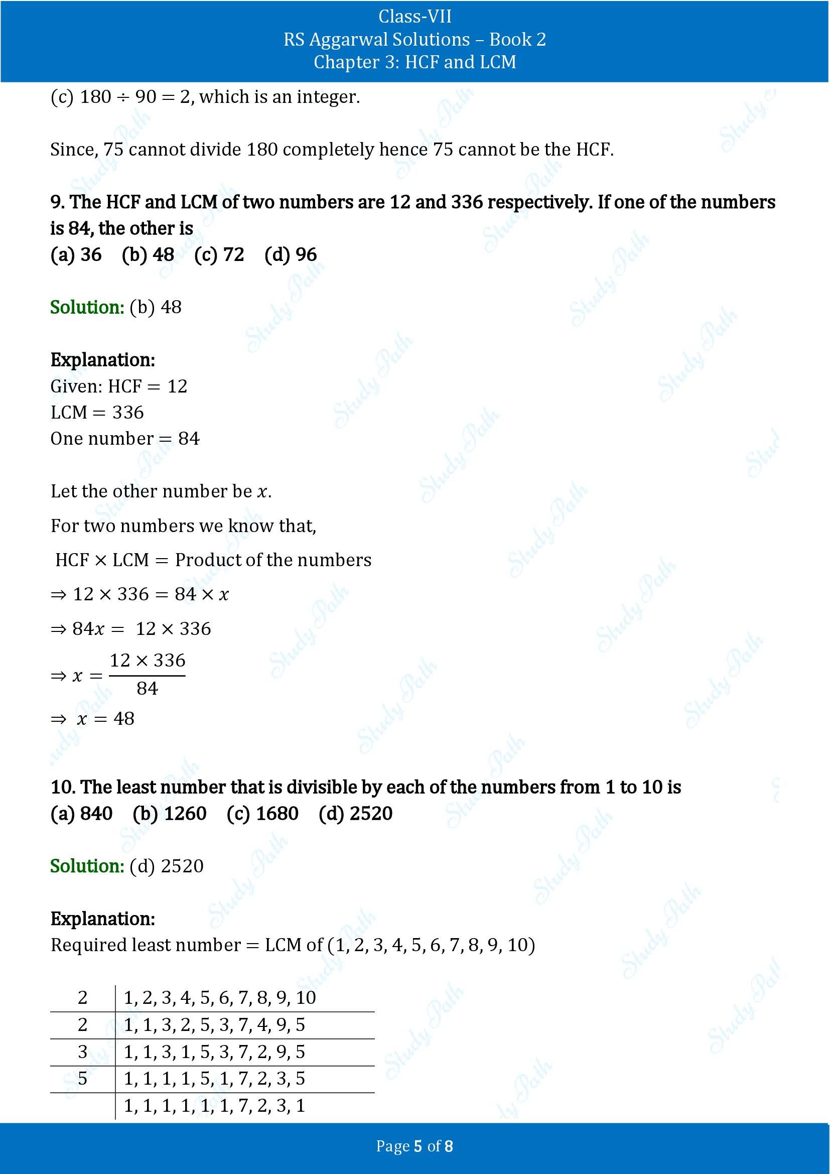 RS Aggarwal Solutions Class 7 Book 2 Chapter 3 HCF and LCM Test Paper 3 00005