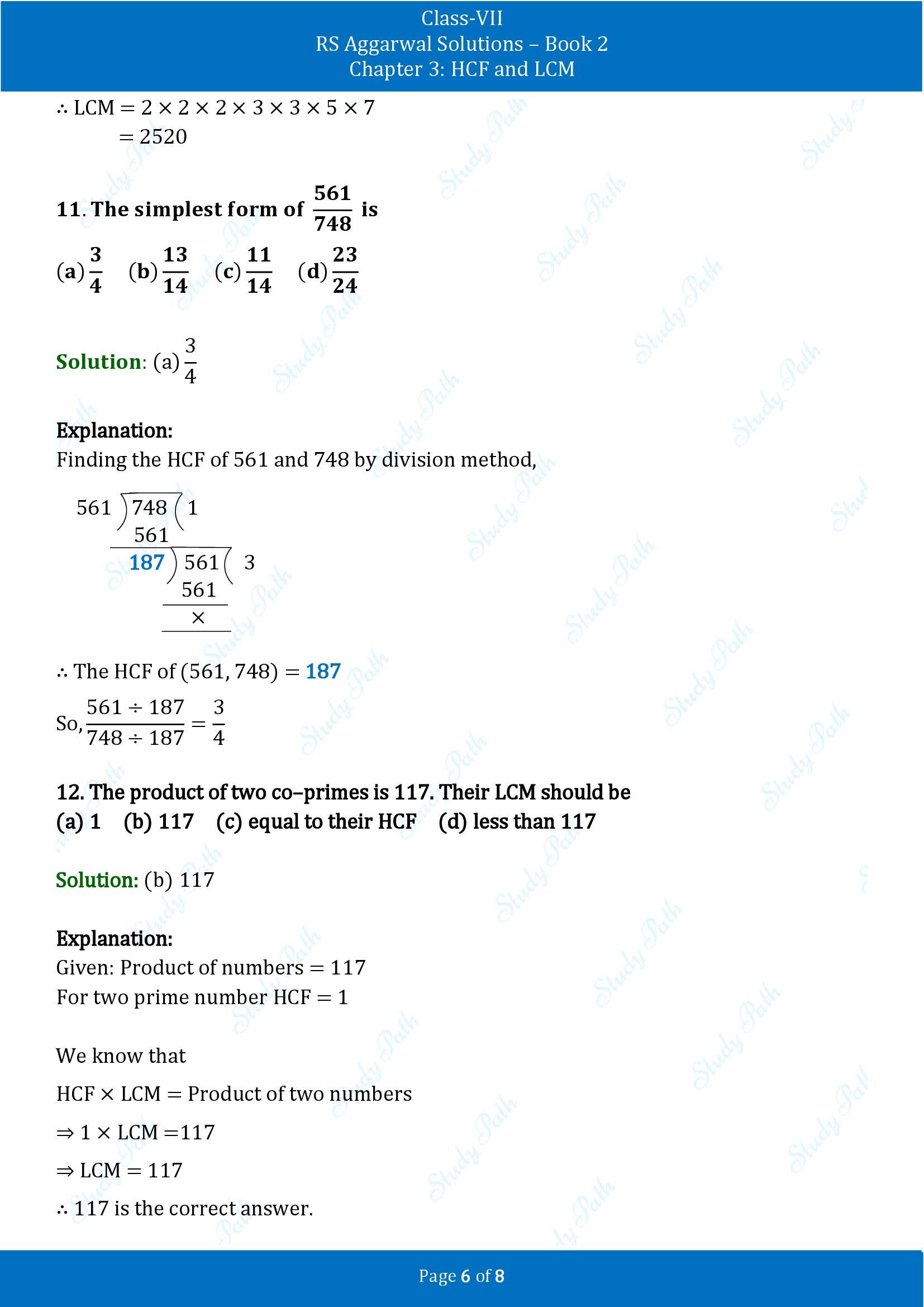 RS Aggarwal Solutions Class 7 Book 2 Chapter 3 HCF and LCM Test Paper 3 00006