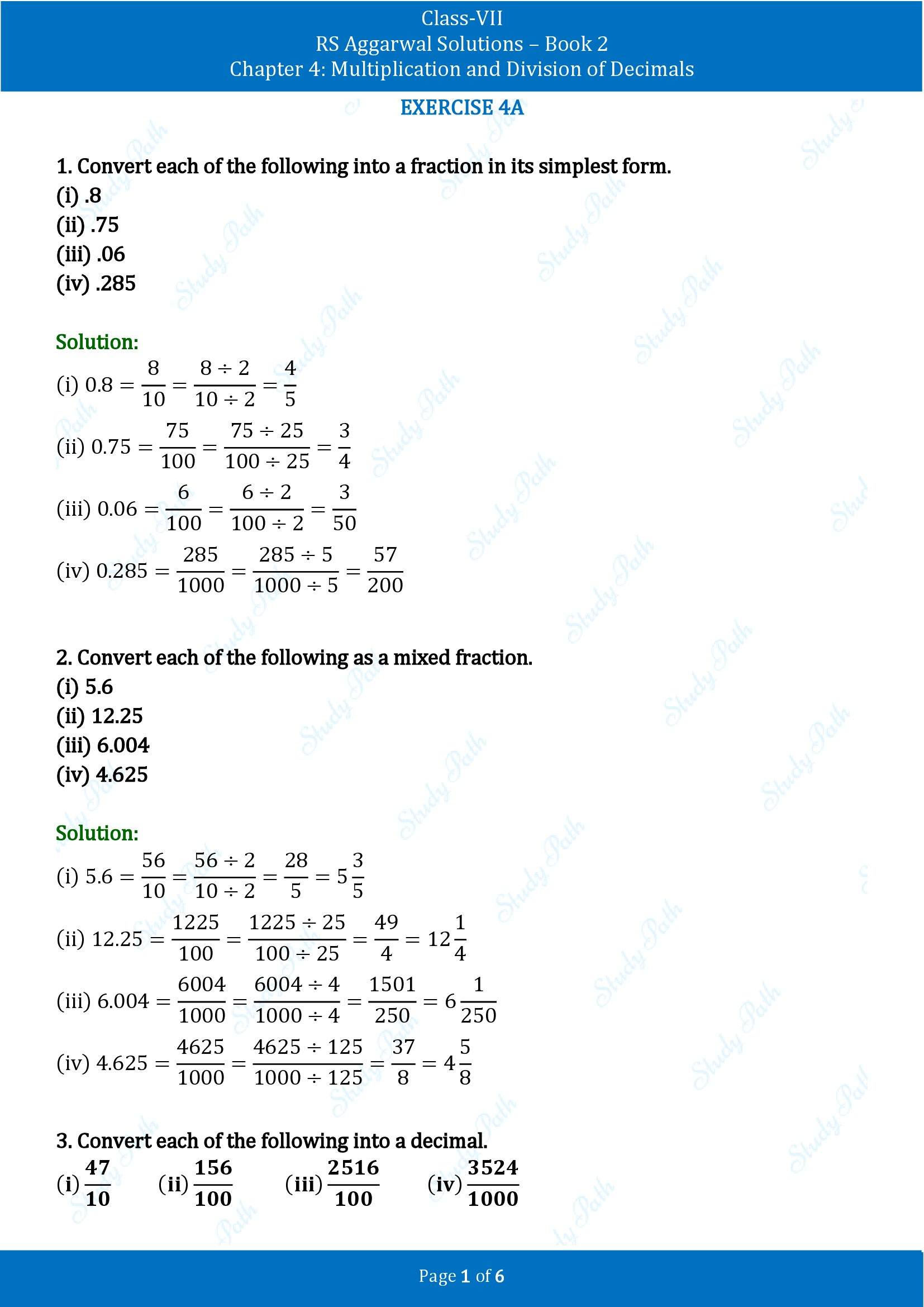 RS Aggarwal Solutions Class 7 Book 2 Chapter 4 Multiplication and Division of Decimals Exercise 4A 00001