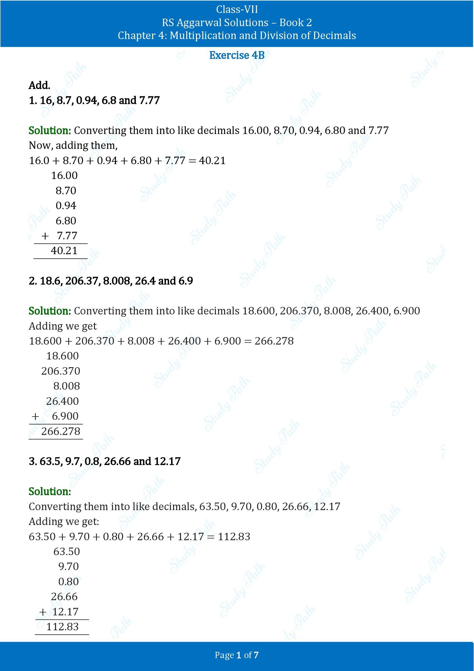 RS Aggarwal Solutions Class 7 Book 2 Chapter 4 Multiplication and Division of Decimals Exercise 4B 00001