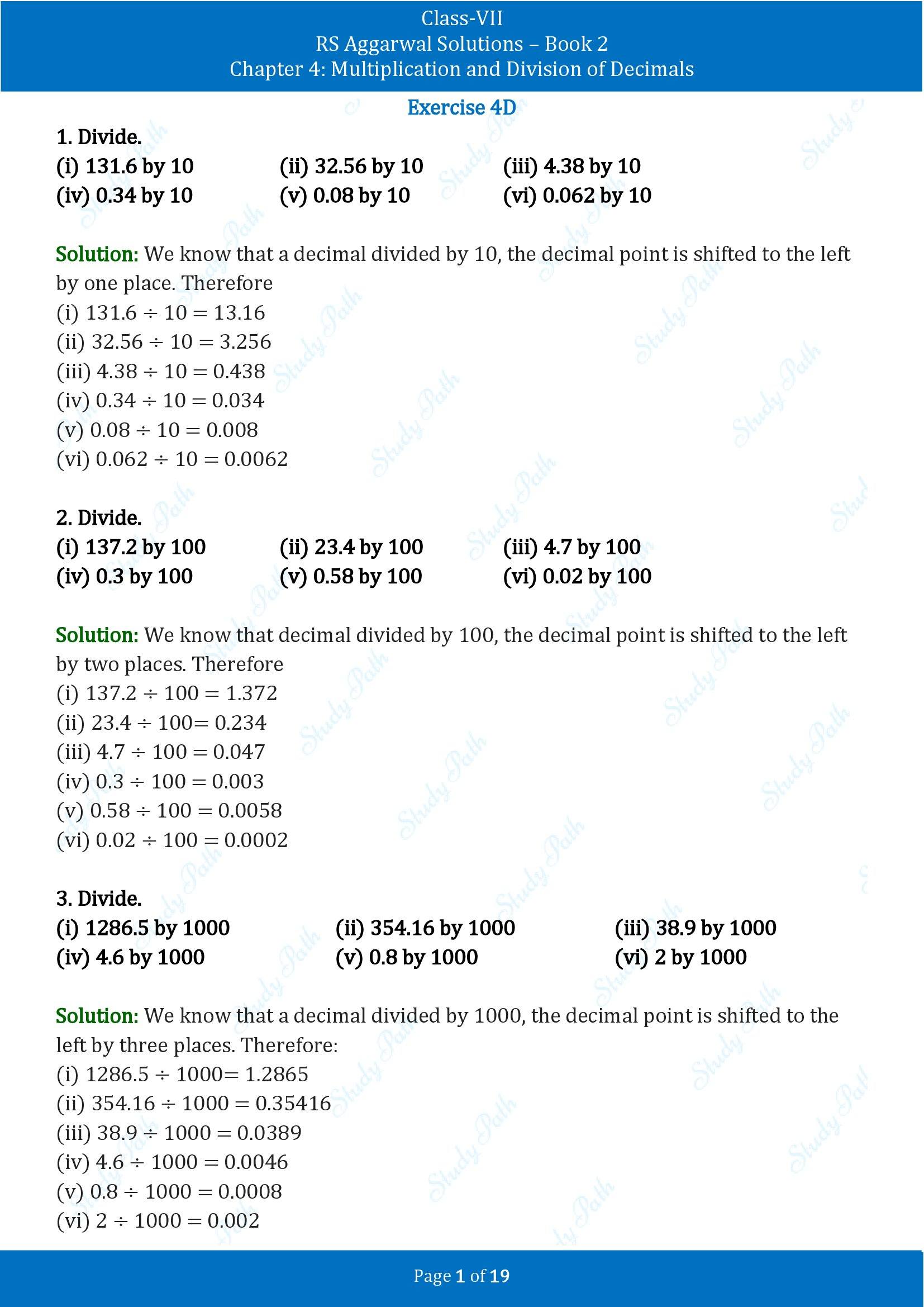 RS Aggarwal Solutions Class 7 Book 2 Chapter 4 Multiplication and Division of Decimals Exercise 4D 00001