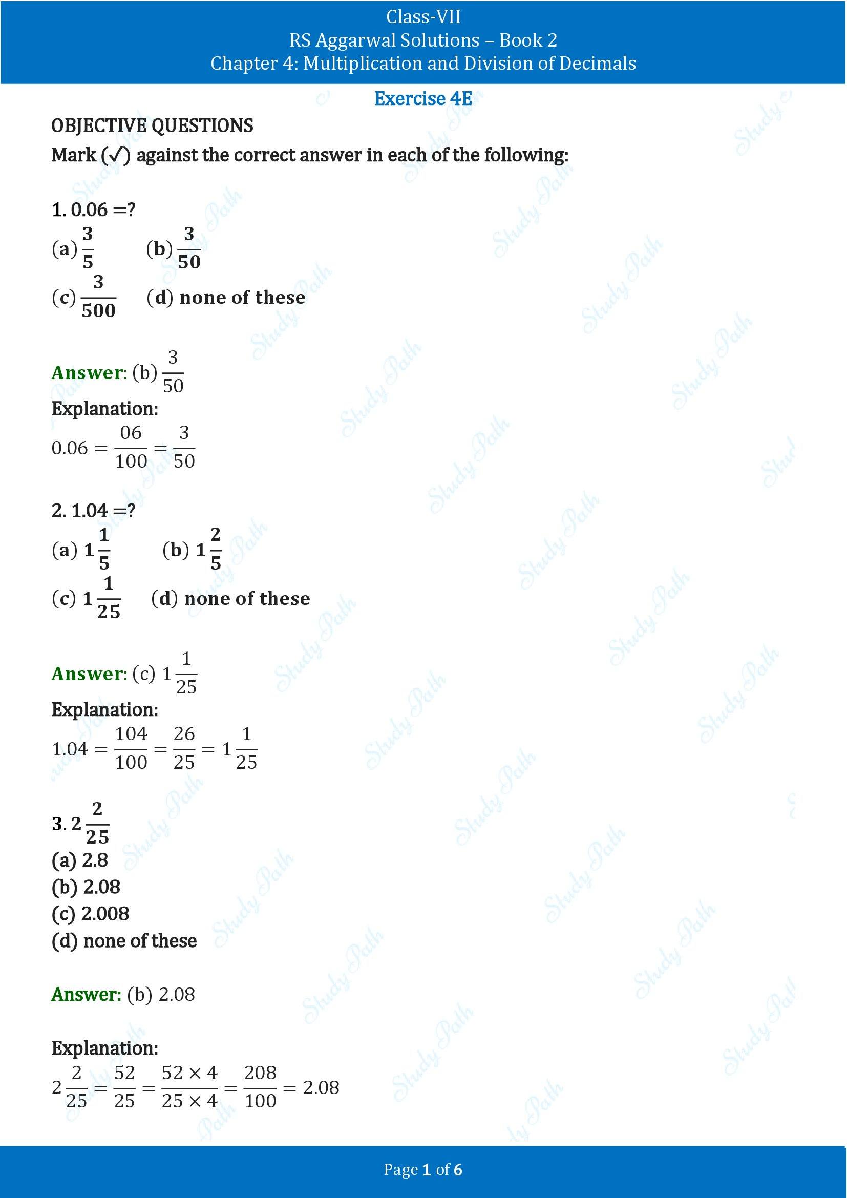 RS Aggarwal Solutions Class 7 Book 2 Chapter 4 Multiplication and Division of Decimals Exercise 4E 00001