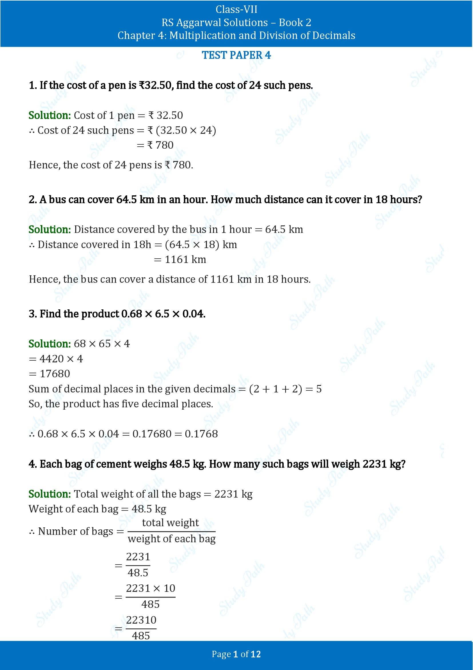 RS Aggarwal Solutions Class 7 Book 2 Chapter 4 Multiplication and Division of Decimals Test Paper 4 00001