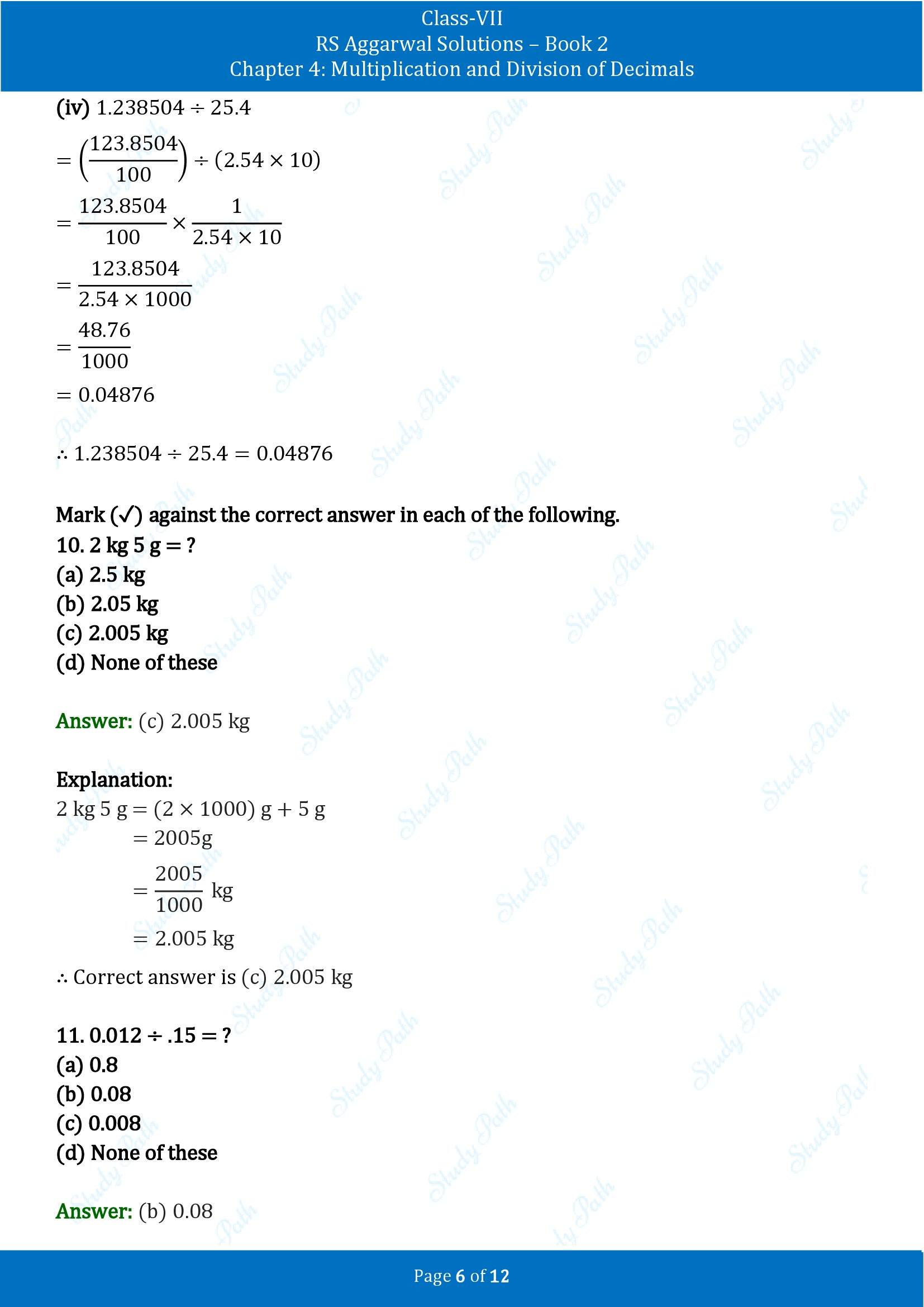 RS Aggarwal Solutions Class 7 Book 2 Chapter 4 Multiplication and Division of Decimals Test Paper 4 00006