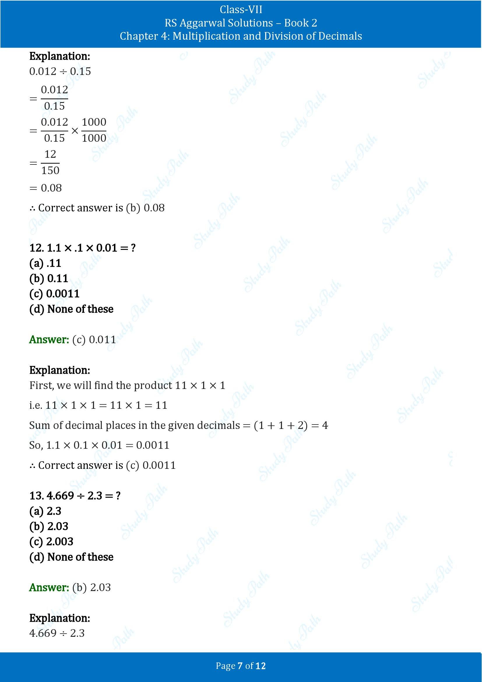 RS Aggarwal Solutions Class 7 Book 2 Chapter 4 Multiplication and Division of Decimals Test Paper 4 00007