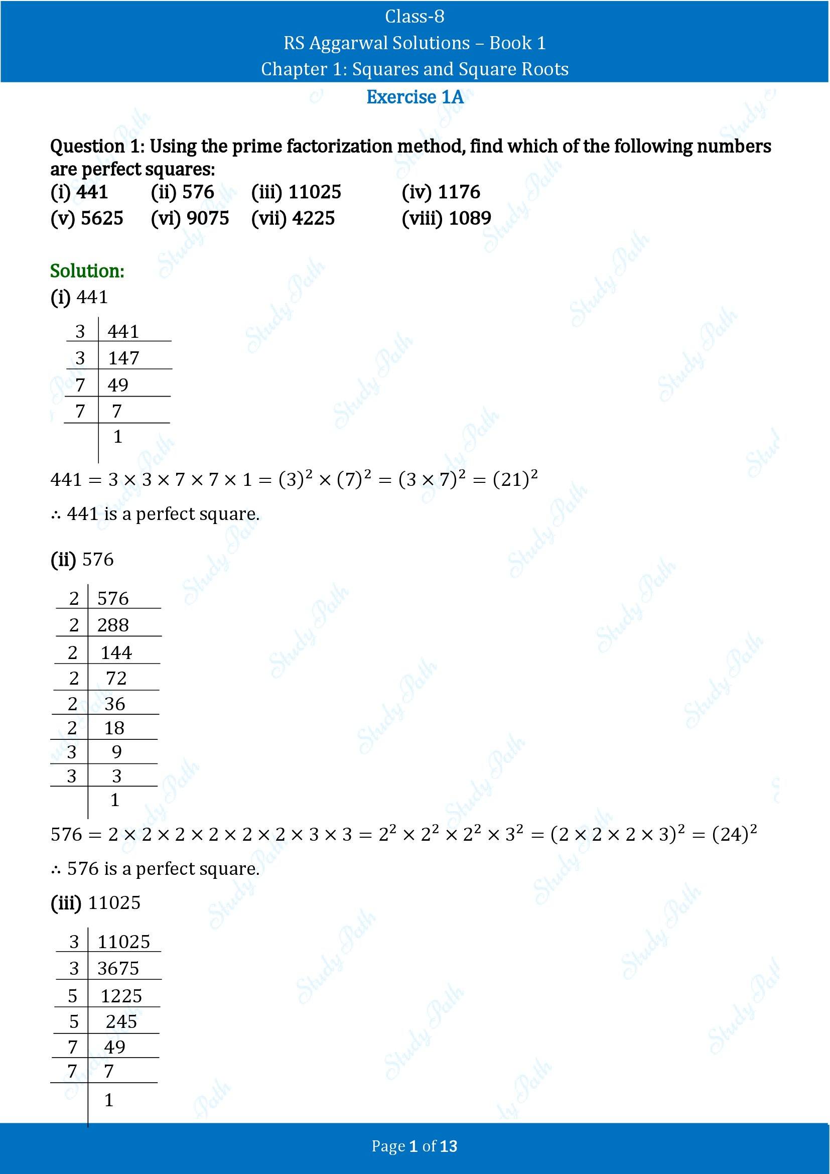 RS Aggarwal Solutions Class 8 Book 1 Chapter 1 Squares and Square Roots Exercise 1A 00001
