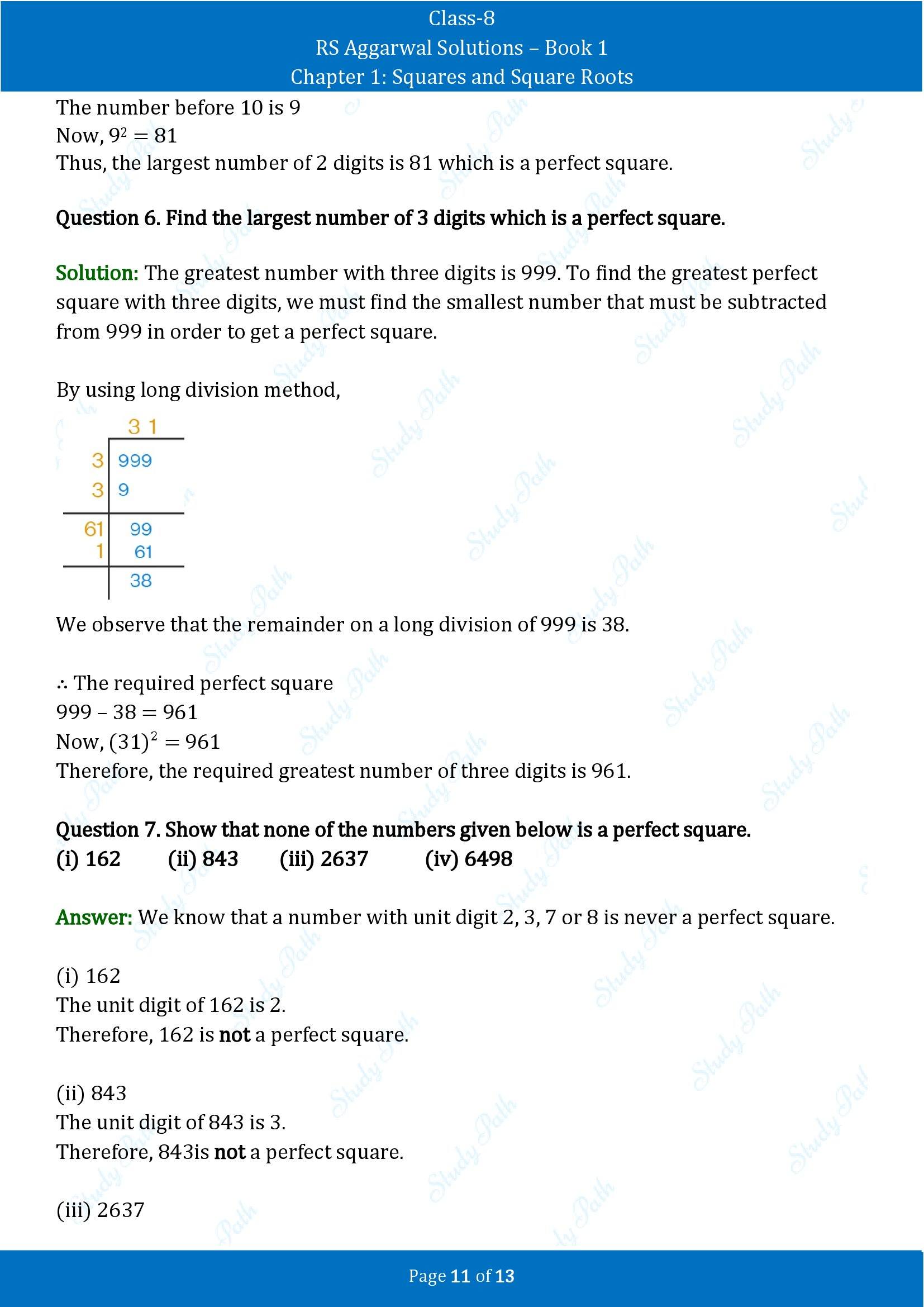 RS Aggarwal Solutions Class 8 Book 1 Chapter 1 Squares and Square Roots Exercise 1A 00011