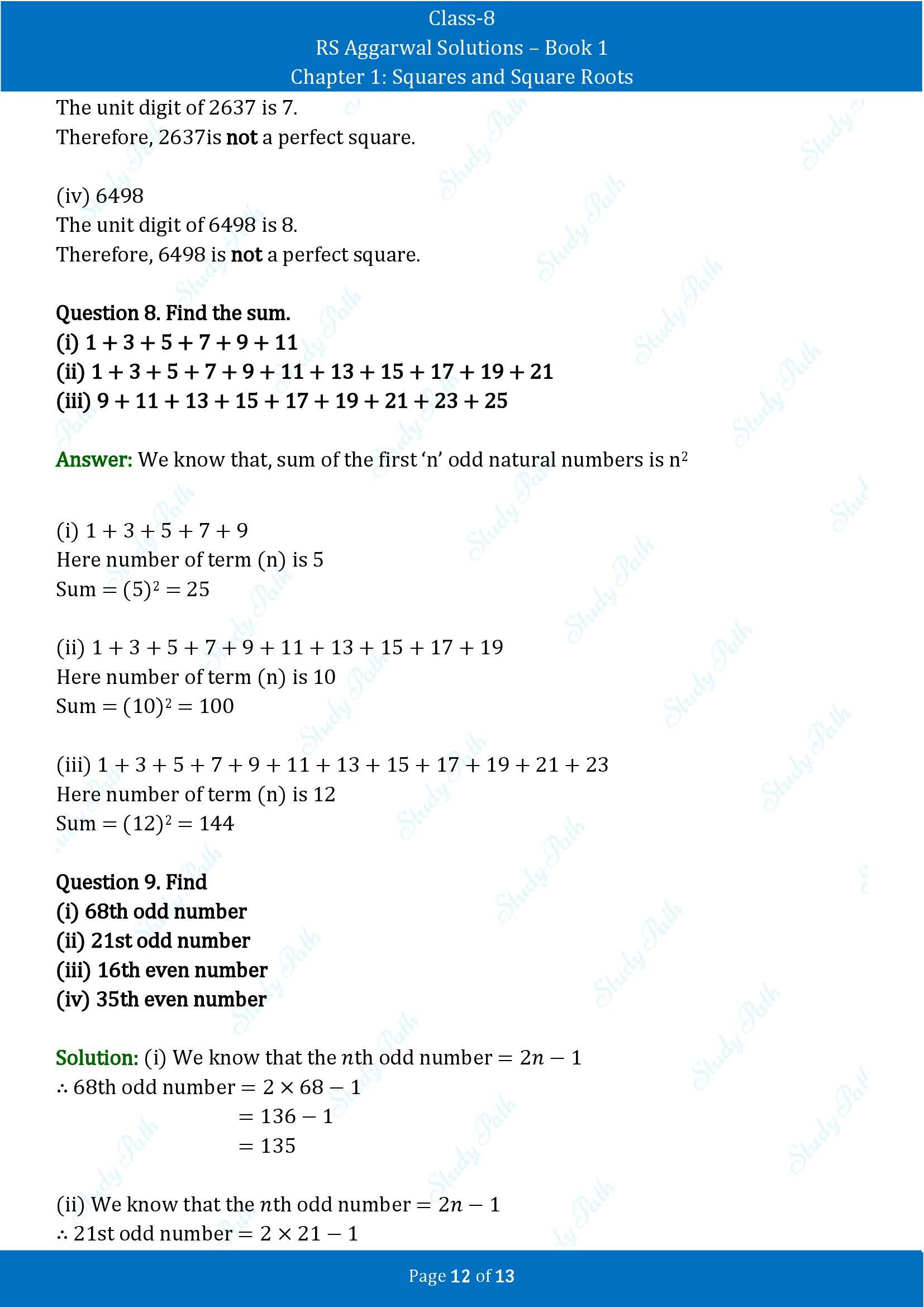 RS Aggarwal Solutions Class 8 Book 1 Chapter 1 Squares and Square Roots Exercise 1A 00012