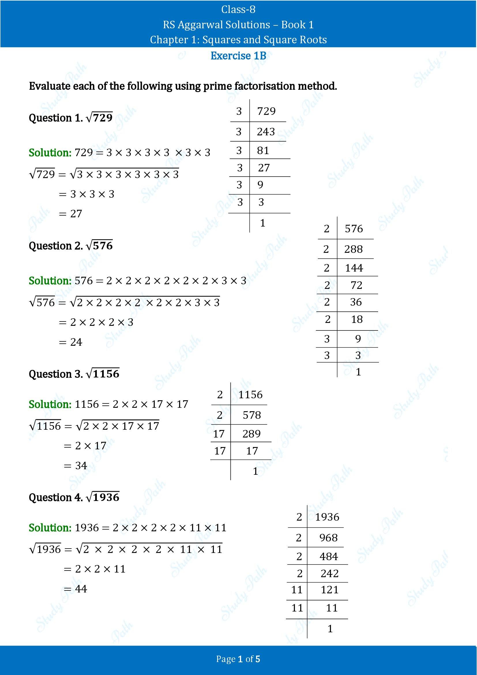 RS Aggarwal Solutions Class 8 Book 1 Chapter 1 Squares and Square Roots Exercise 1B 00001