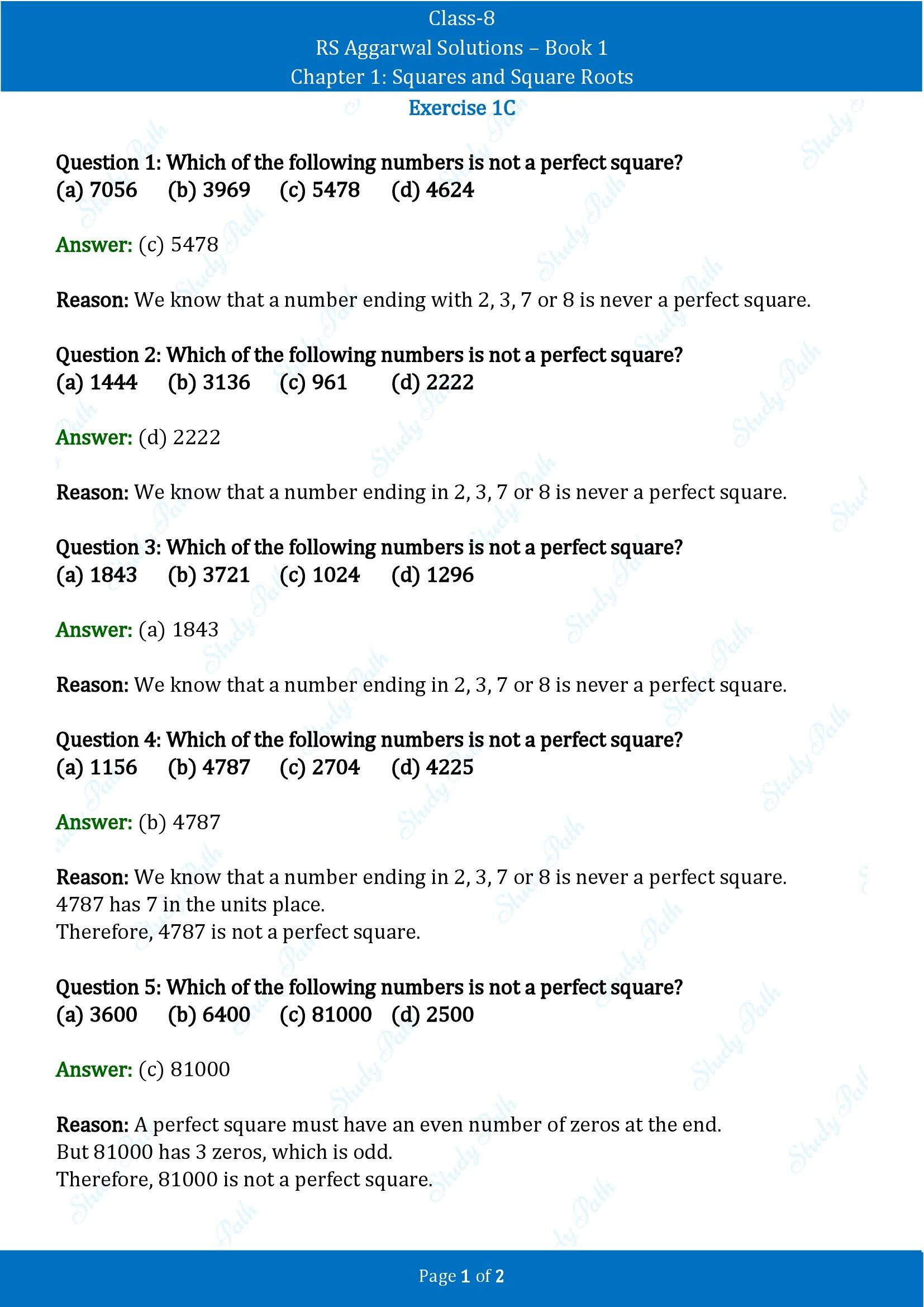 RS Aggarwal Solutions Class 8 Book 1 Chapter 1 Squares and Square Roots Exercise 1C 00001
