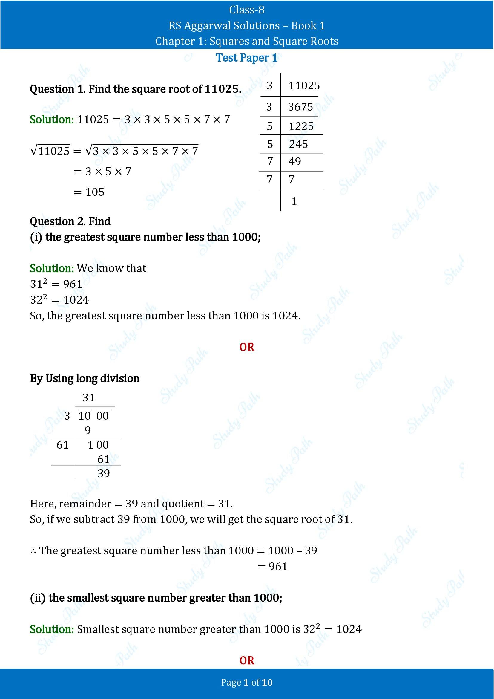 RS Aggarwal Solutions Class 8 Book 1 Chapter 1 Squares and Square Roots Test Paper 1 00001