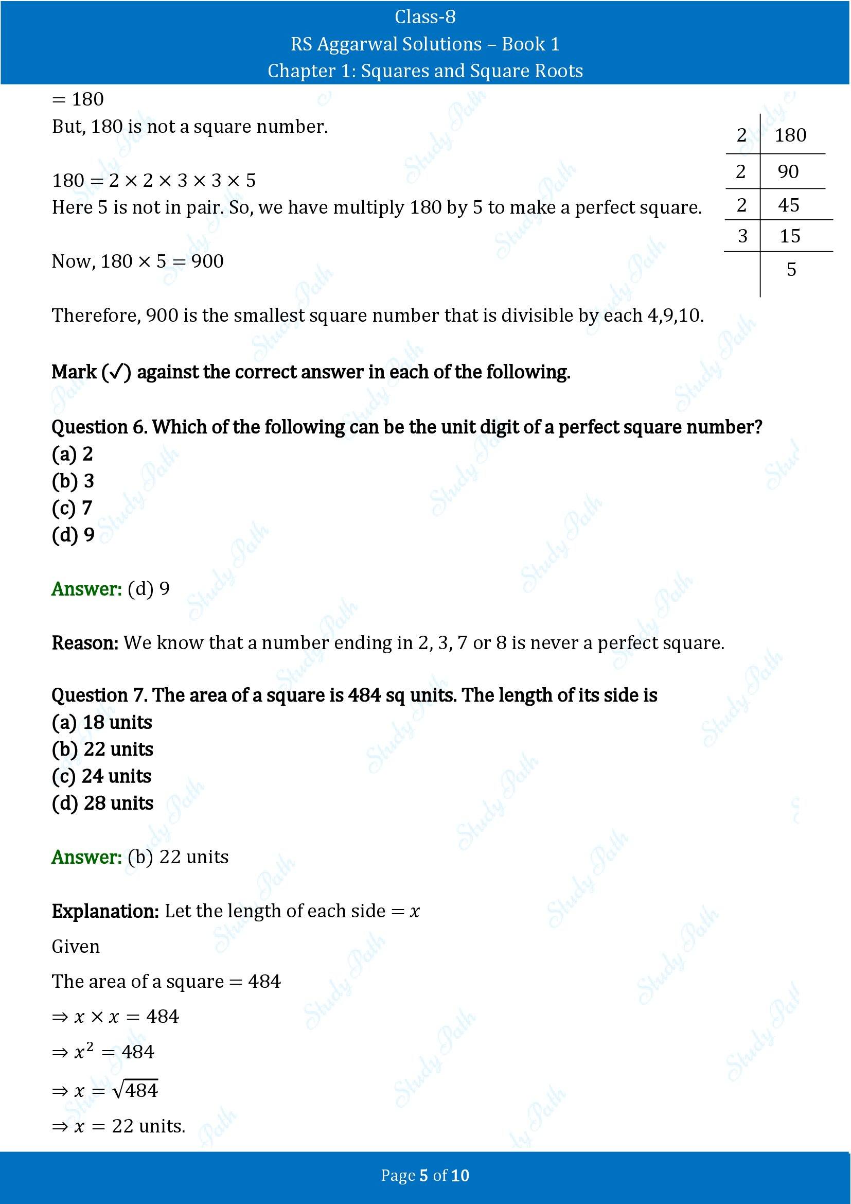 RS Aggarwal Solutions Class 8 Book 1 Chapter 1 Squares and Square Roots Test Paper 1 00005
