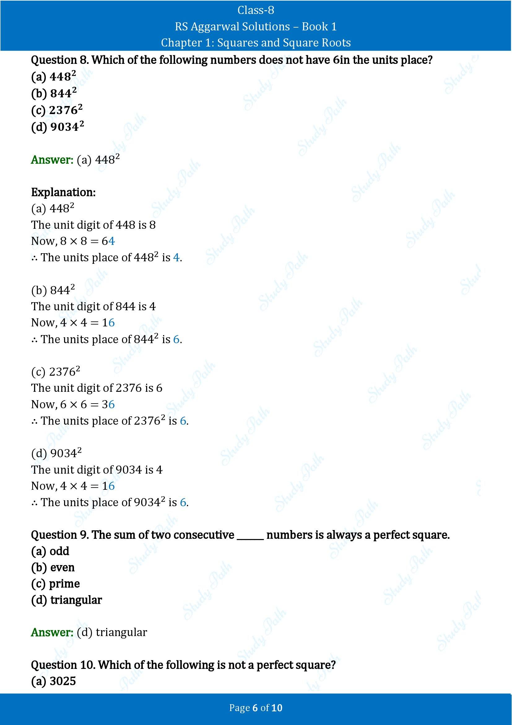 RS Aggarwal Solutions Class 8 Book 1 Chapter 1 Squares and Square Roots Test Paper 1 00006
