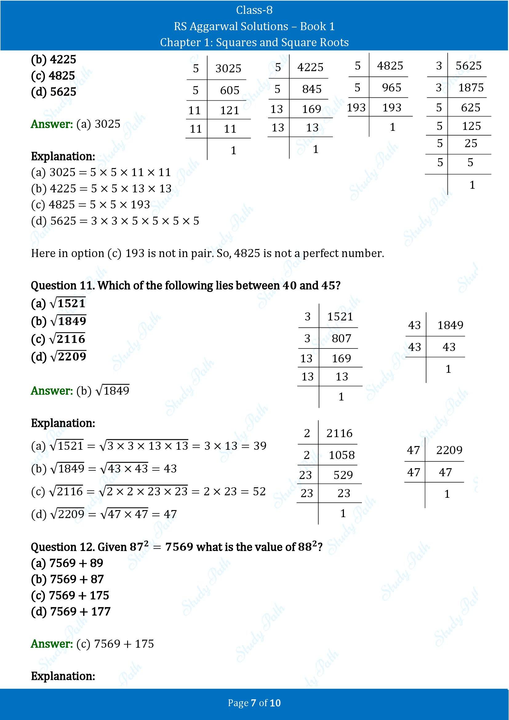RS Aggarwal Solutions Class 8 Book 1 Chapter 1 Squares and Square Roots Test Paper 1 00007