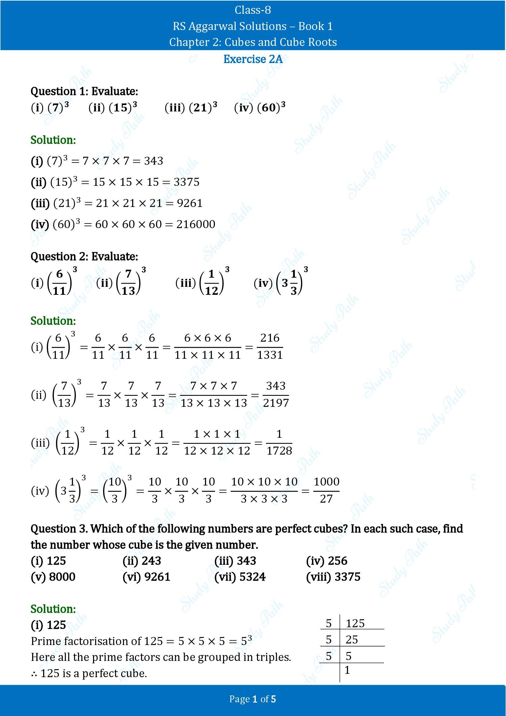 RS Aggarwal Solutions Class 8 Book 1 Chapter 2 Cubes and Cube Roots Exercise 2A 00001