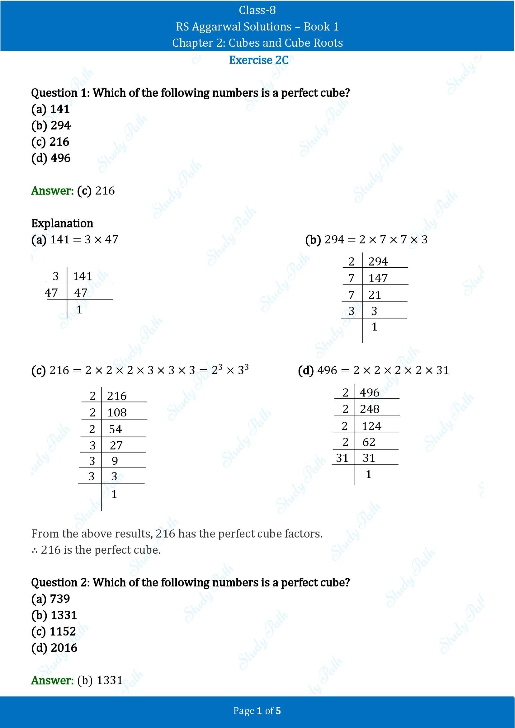 RS Aggarwal Solutions Class 8 Book 1 Chapter 2 Cubes and Cube Roots Exercise 2C 00001