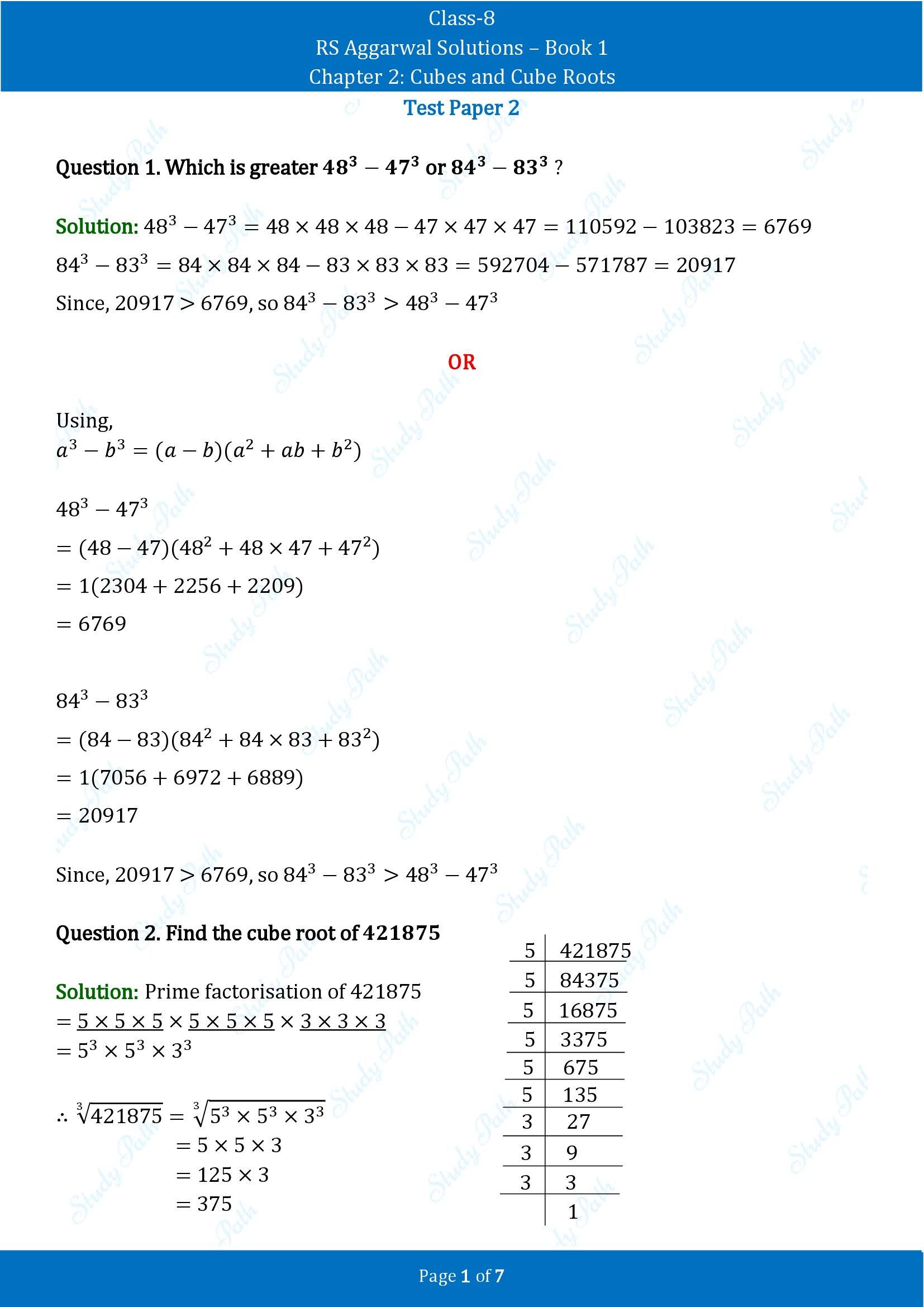 RS Aggarwal Solutions Class 8 Book 1 Chapter 2 Cubes and Cube Roots Test Paper 2 00001