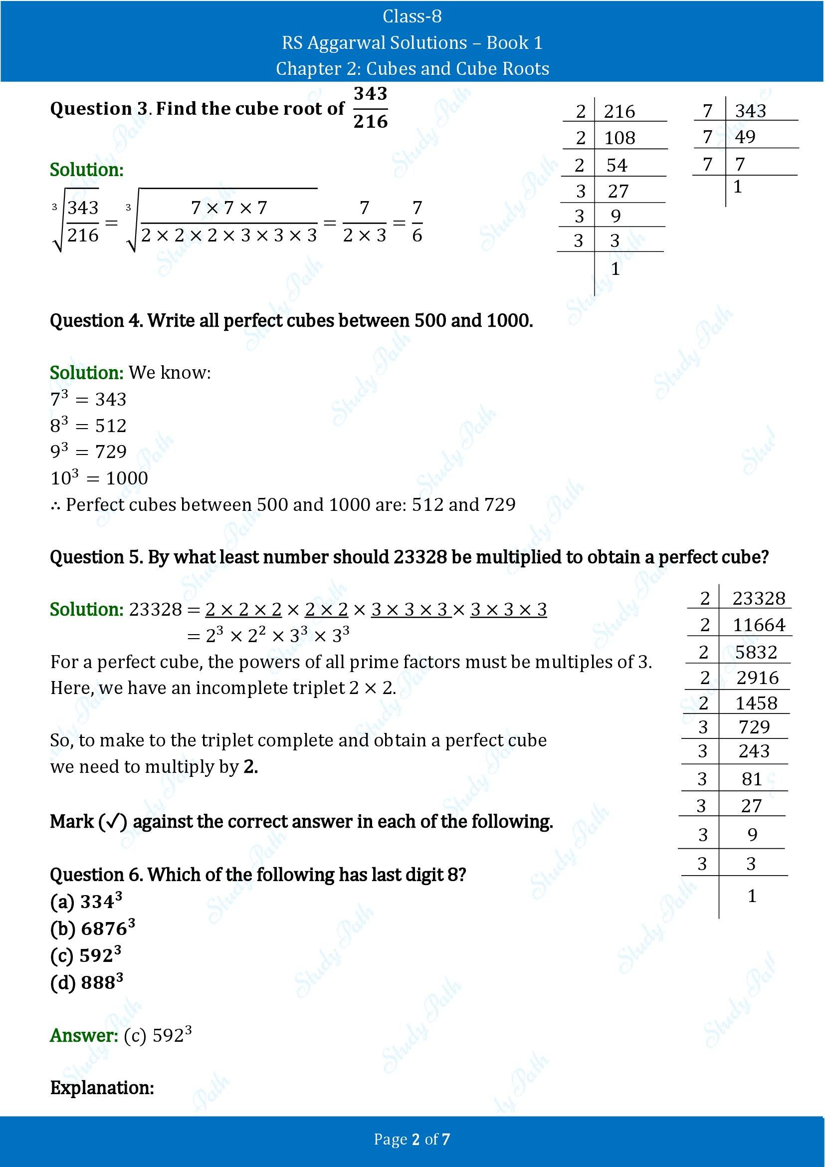 RS Aggarwal Solutions Class 8 Book 1 Chapter 2 Cubes and Cube Roots Test Paper 2 00002