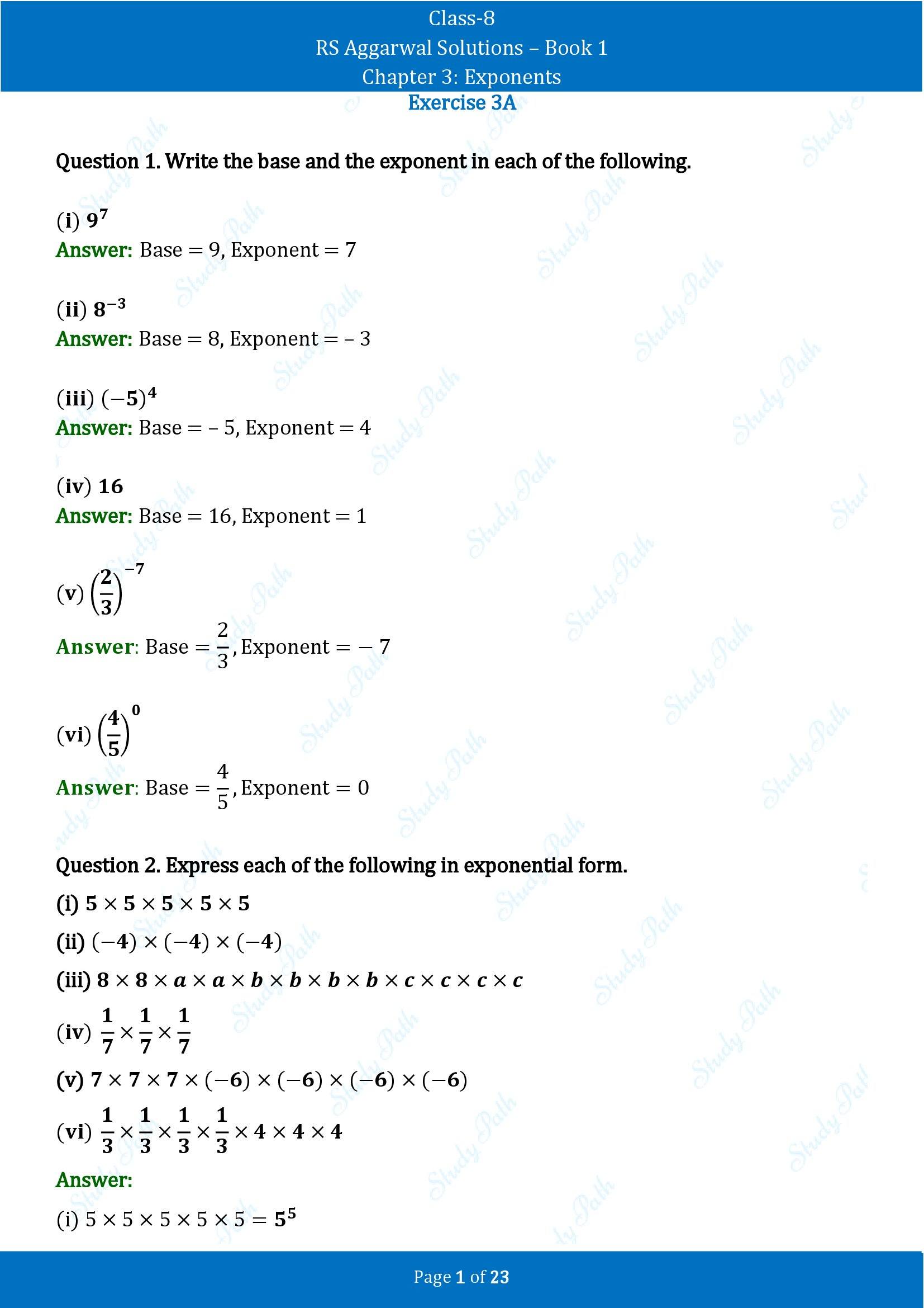 RS Aggarwal Solutions Class 8 Book 1 Chapter 3 Exponents Exercise 3A 00001