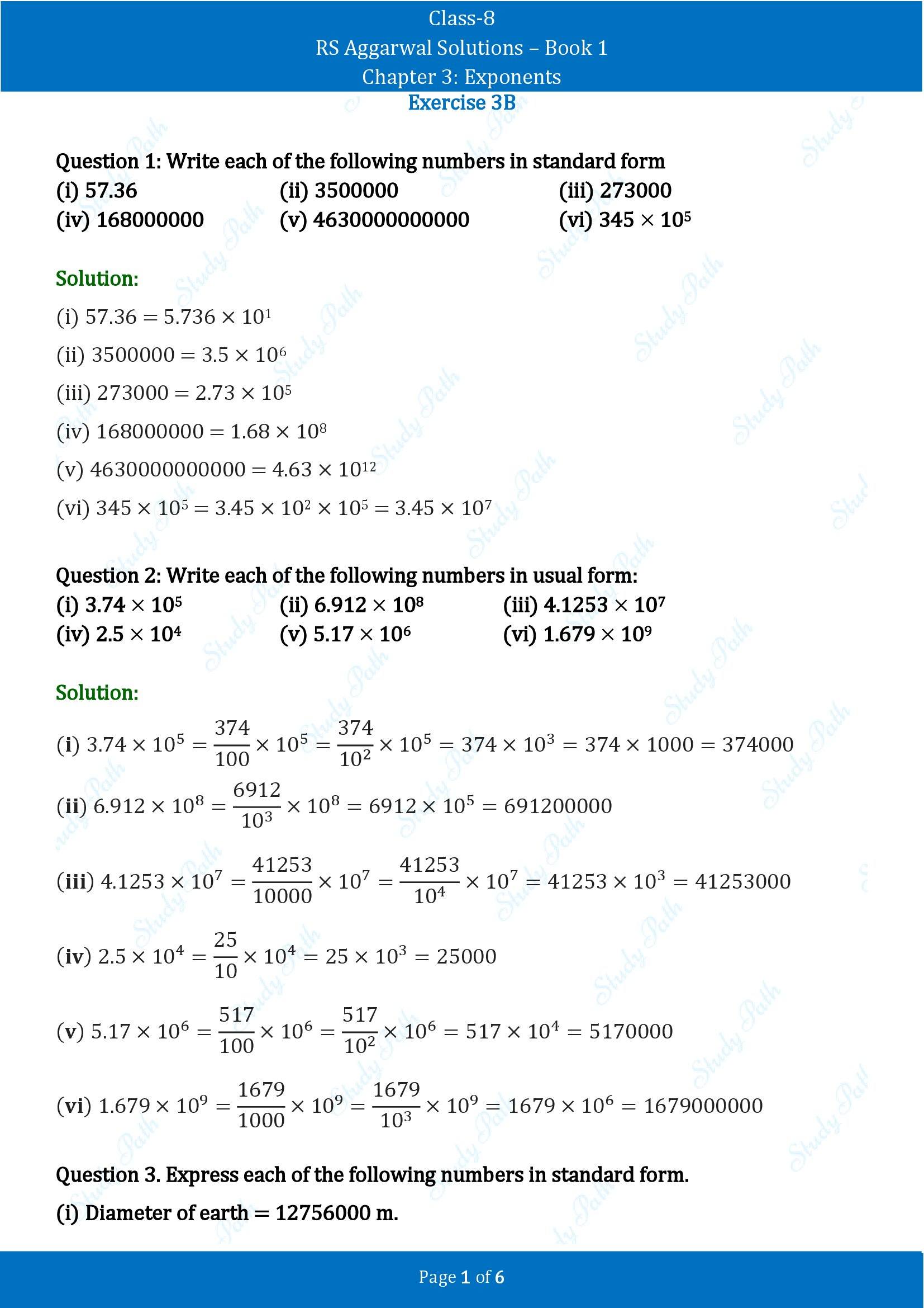 RS Aggarwal Solutions Class 8 Book 1 Chapter 3 Exponents Exercise 3B 00001