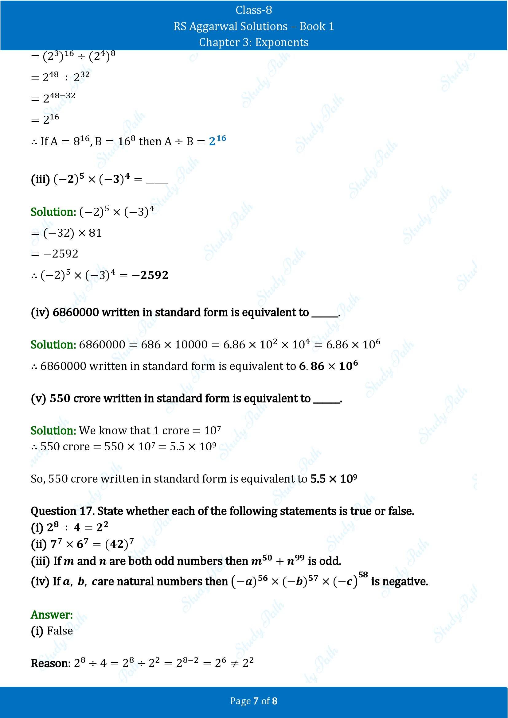 RS Aggarwal Solutions Class 8 Book 1 Chapter 3 Exponents Test Paper 3 00007