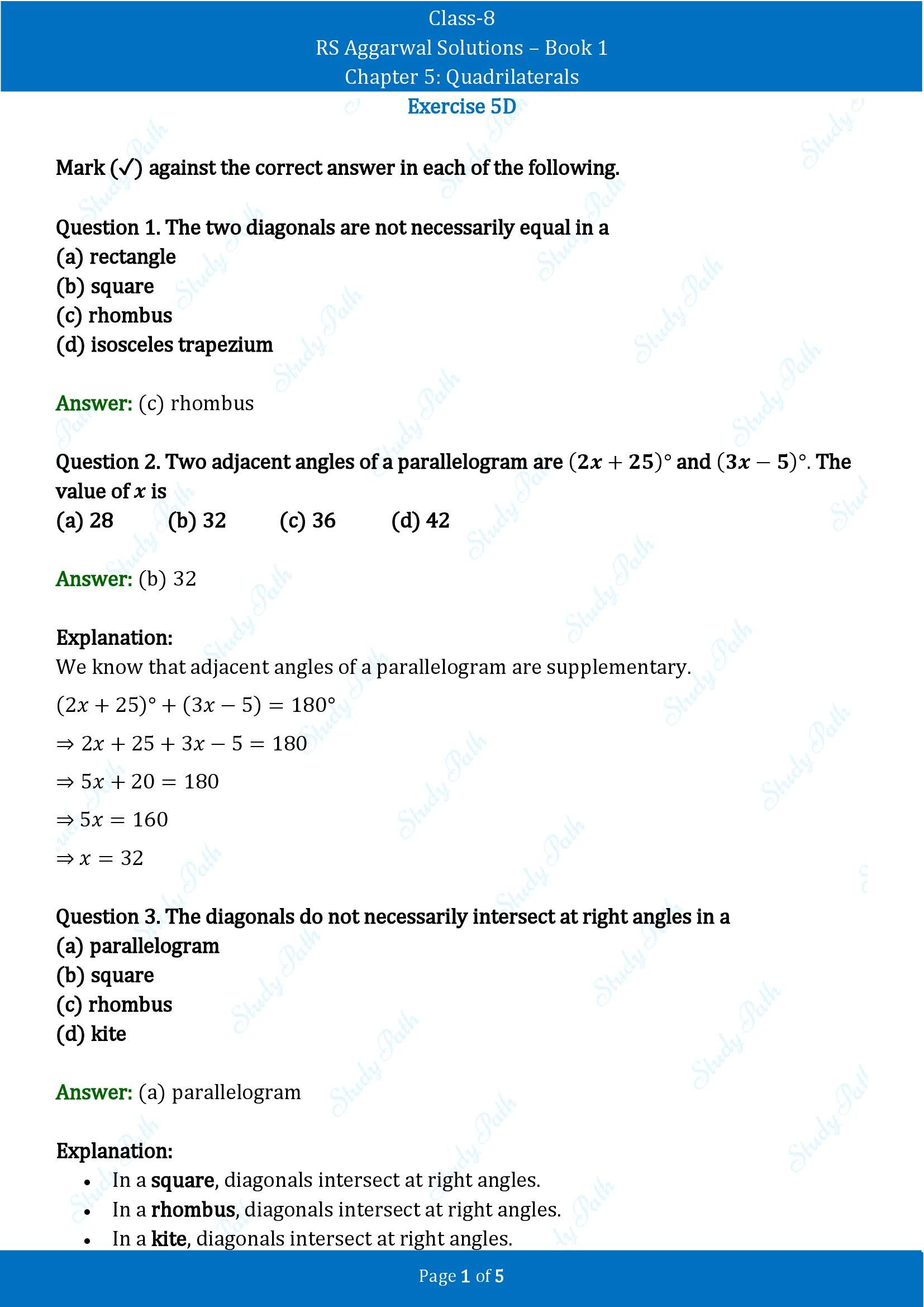 RS Aggarwal Solutions Class 8 Book 1 Chapter 5 Quadrilaterals Exercise 5D 00001