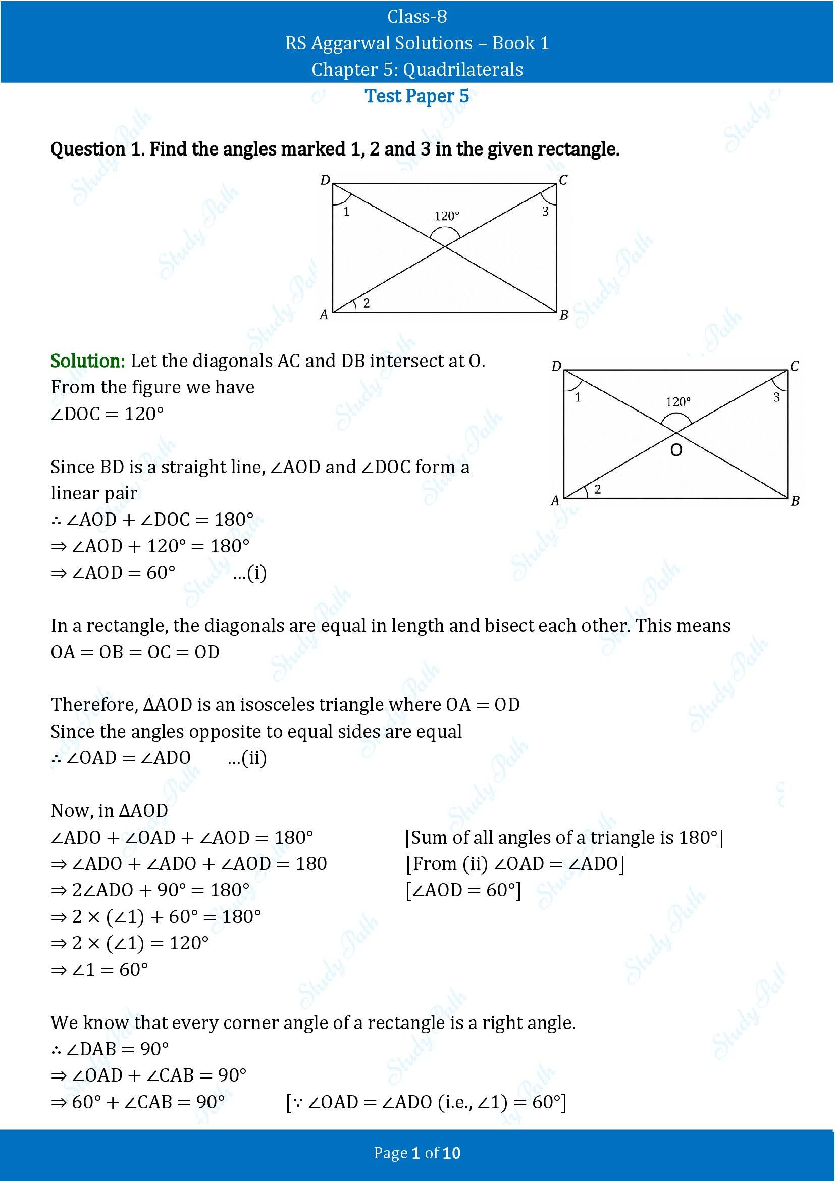 RS Aggarwal Solutions Class 8 Book 1 Chapter 5 Quadrilaterals Test Paper 5 00001