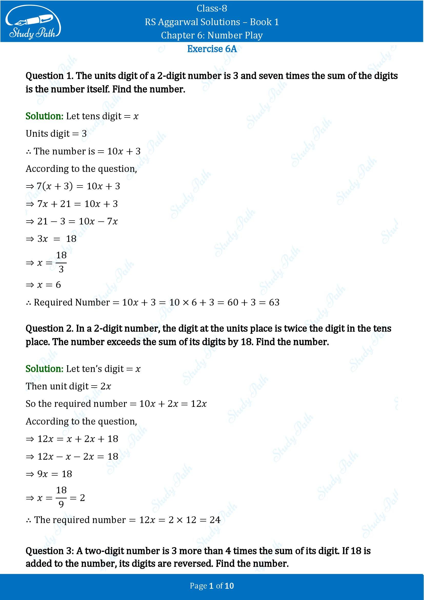 RS Aggarwal Solutions Class 8 Book 1 Chapter 6 Number Play Exercise 6A 00001