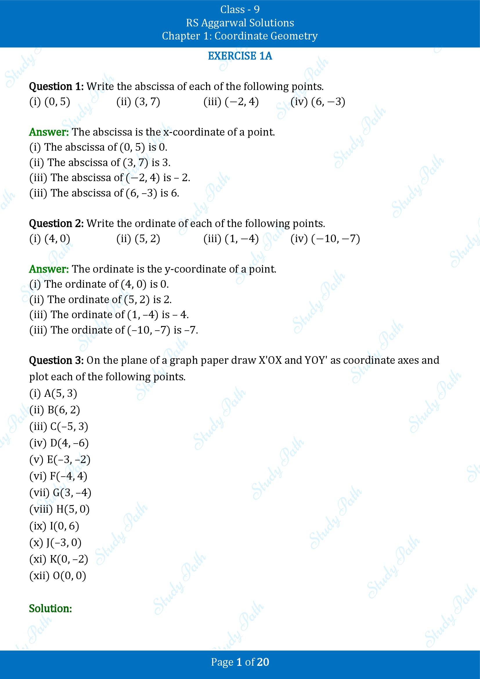 RS Aggarwal Solutions Class 9 Chapter 1 Coordinate Geometry Exercise 1A 00001