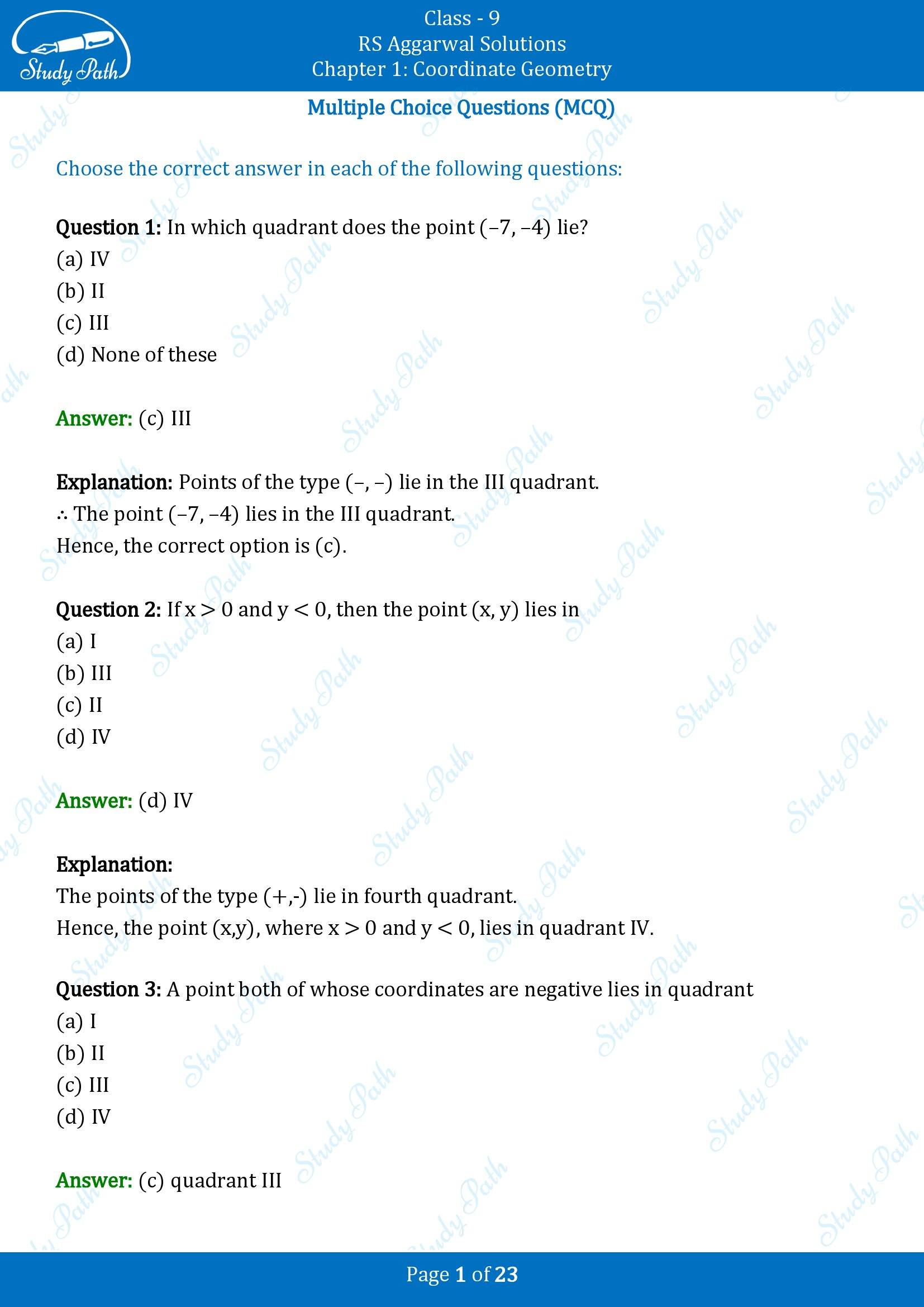 RS Aggarwal Solutions Class 9 Chapter 1 Coordinate Geometry Multiple Choice Question MCQs 00001
