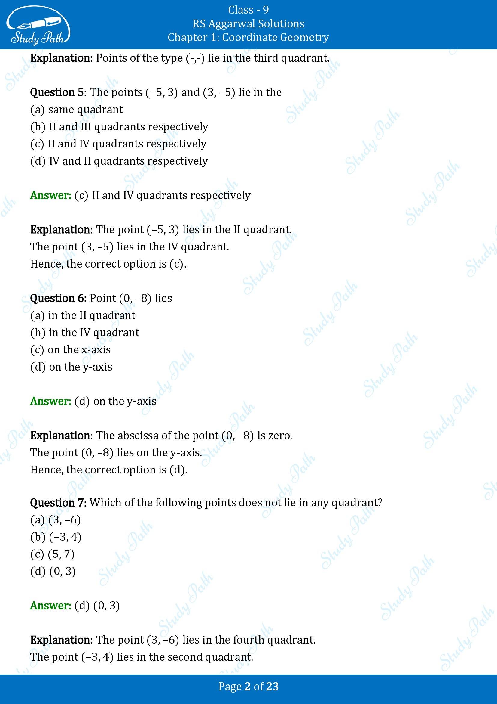 RS Aggarwal Solutions Class 9 Chapter 1 Coordinate Geometry Multiple Choice Question MCQs 00002