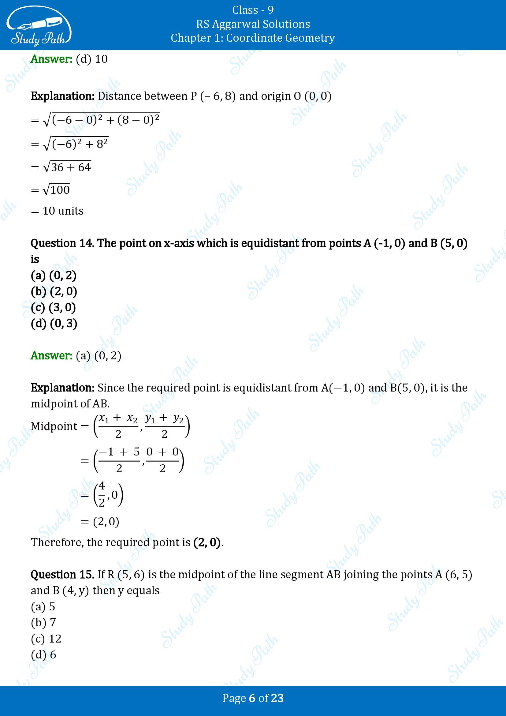 RS Aggarwal Solutions Class 9 Chapter 1 Coordinate Geometry Multiple Choice Question MCQs 00006
