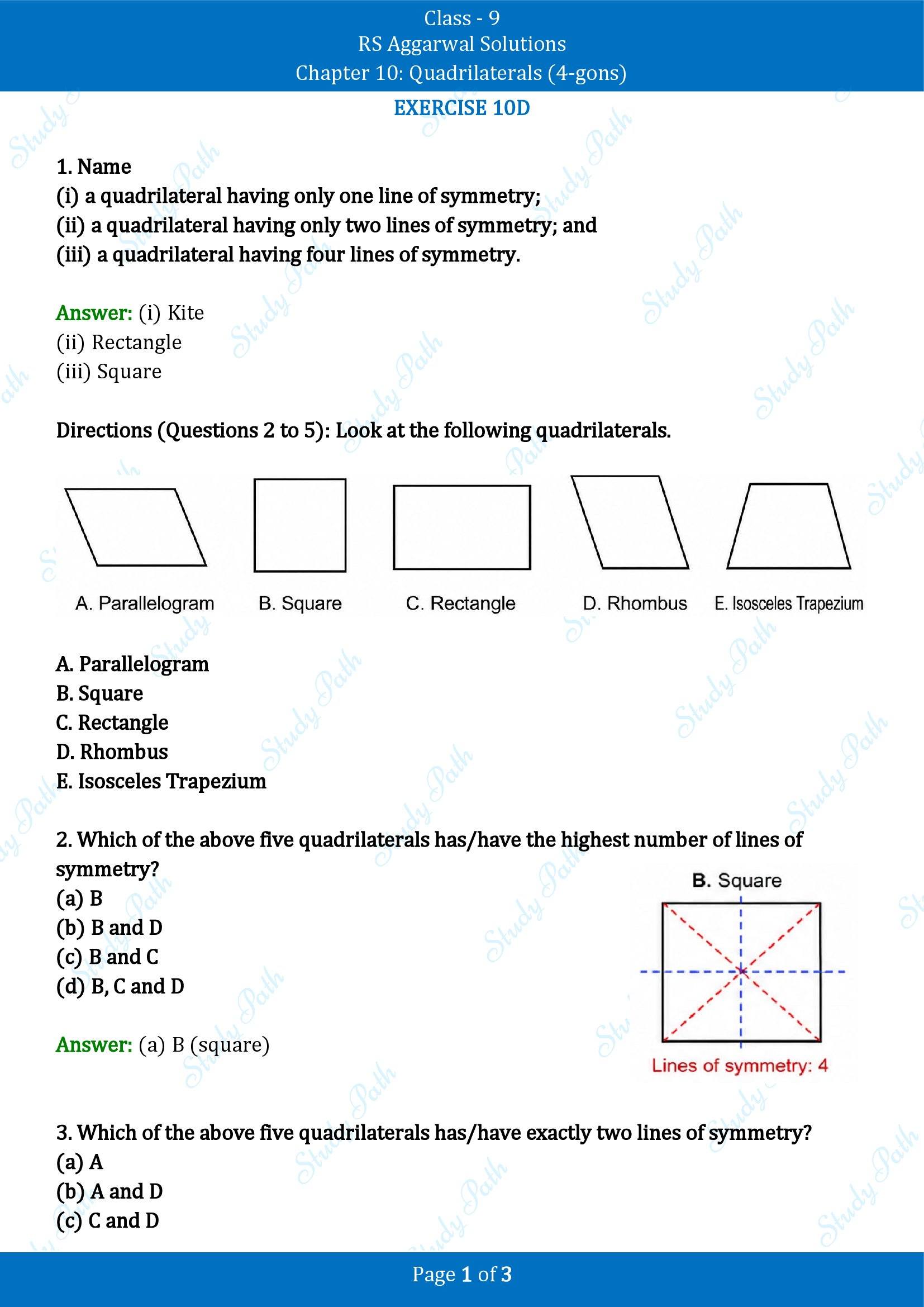 RS Aggarwal Solutions Class 9 Chapter 10 Quadrilaterals 4 gons Exercise 10D 00001