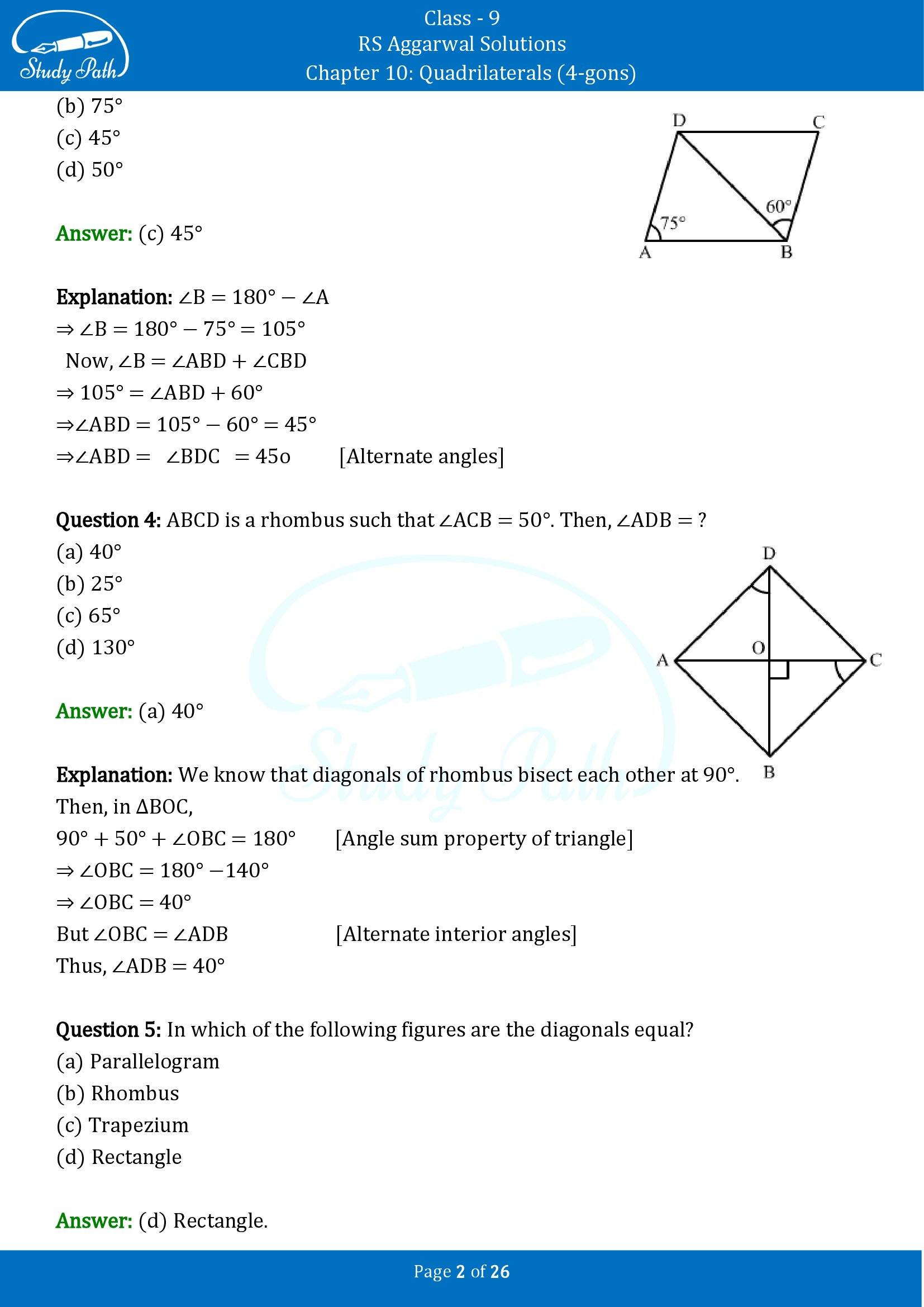 RS Aggarwal Solutions Class 9 Chapter 10 Quadrilaterals 4 gons Multiple Choice Questions MCQs 00002