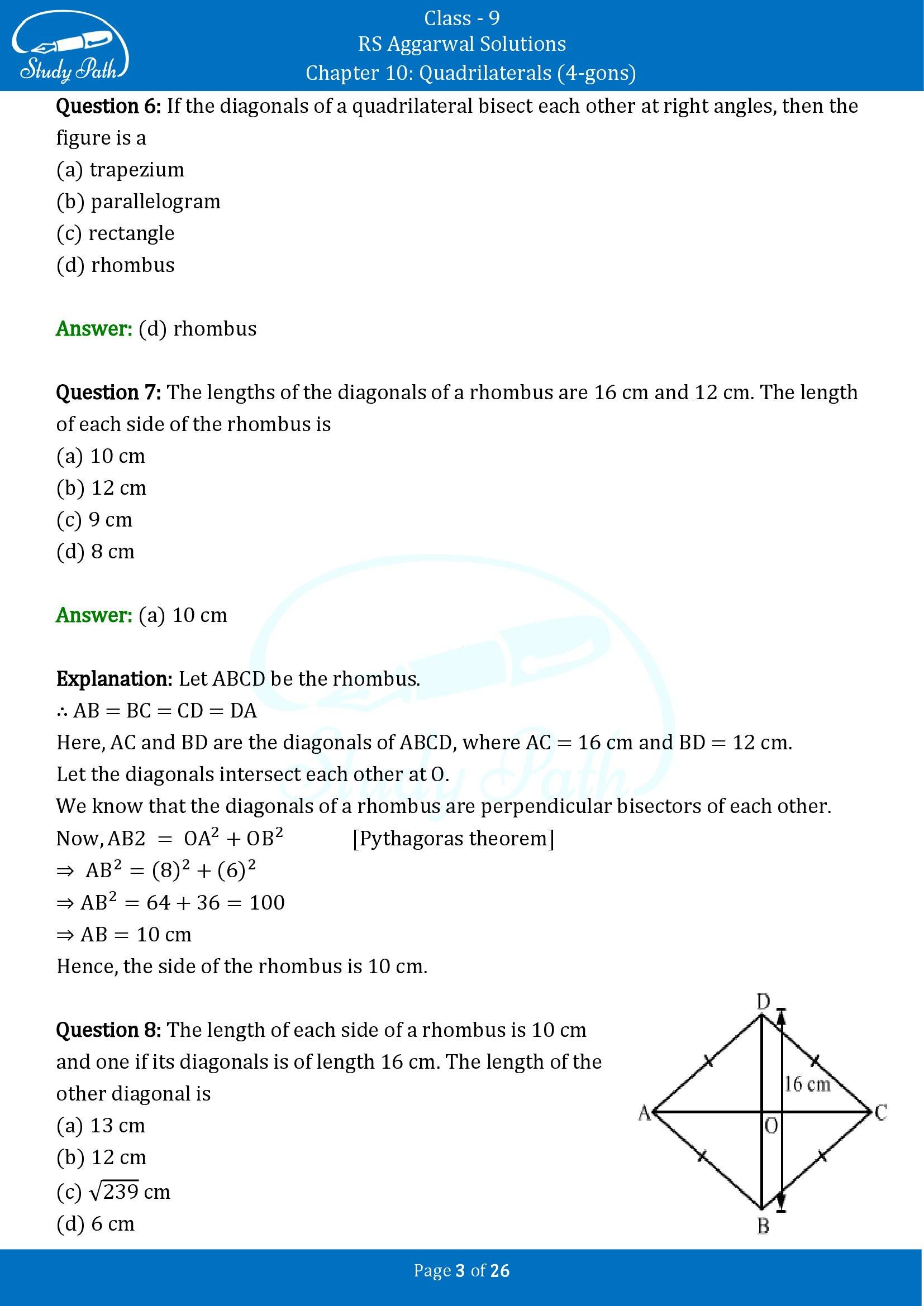 RS Aggarwal Solutions Class 9 Chapter 10 Quadrilaterals 4 gons Multiple Choice Questions MCQs 00003