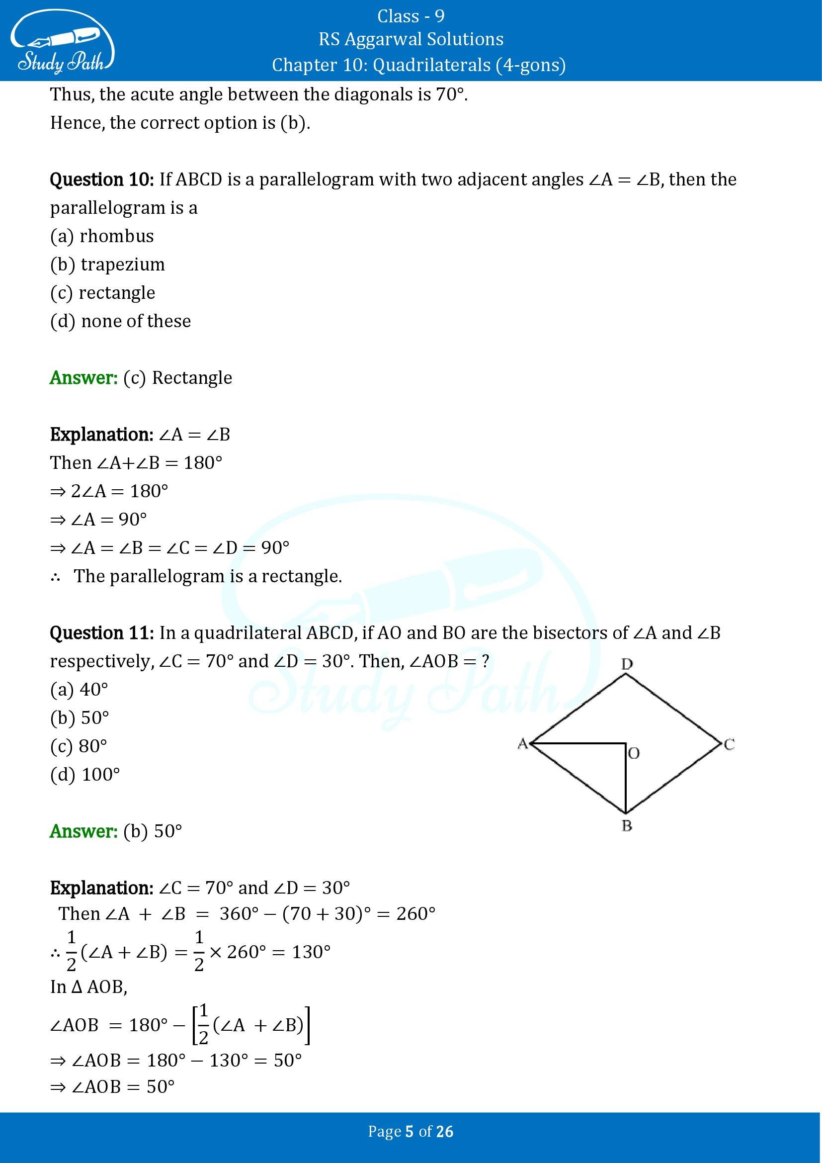 RS Aggarwal Solutions Class 9 Chapter 10 Quadrilaterals 4 gons Multiple Choice Questions MCQs 00005