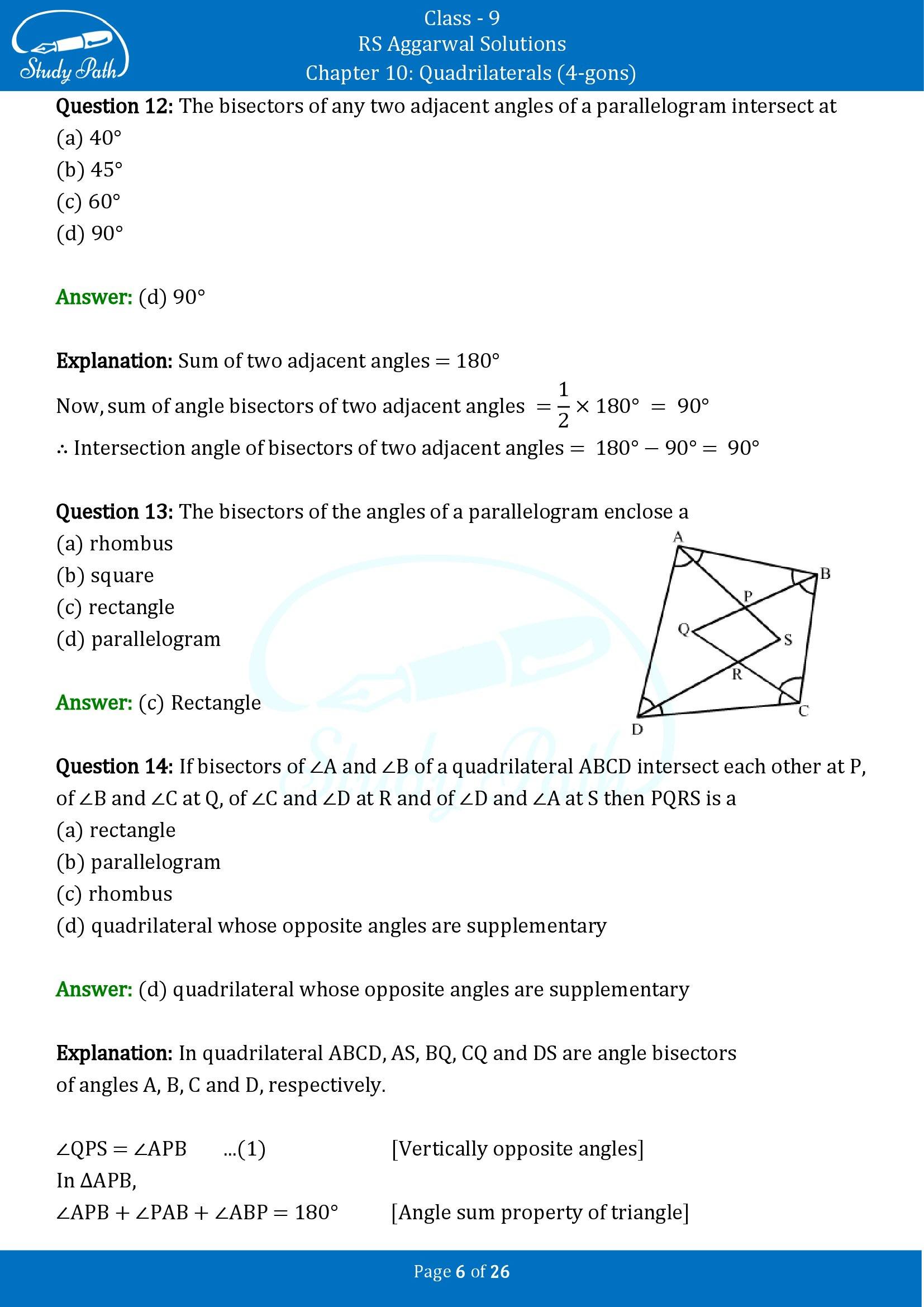 RS Aggarwal Solutions Class 9 Chapter 10 Quadrilaterals 4 gons Multiple Choice Questions MCQs 00006